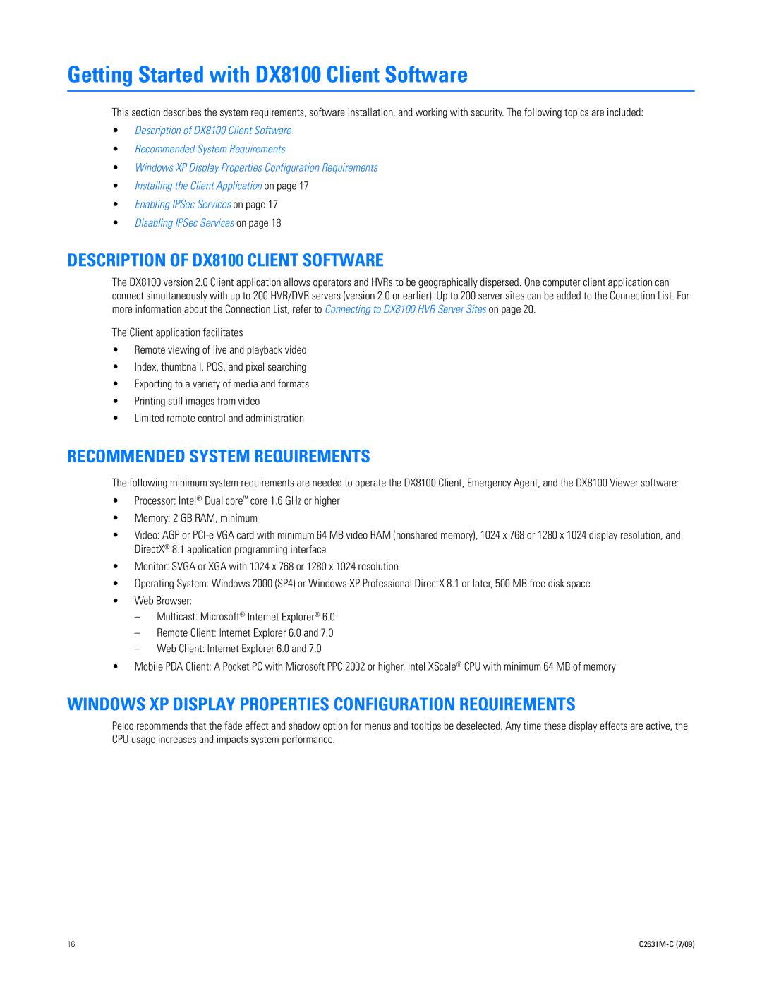 Pelco dx8100 manual Getting Started with DX8100 Client Software, Description of DX8100 Client Software 