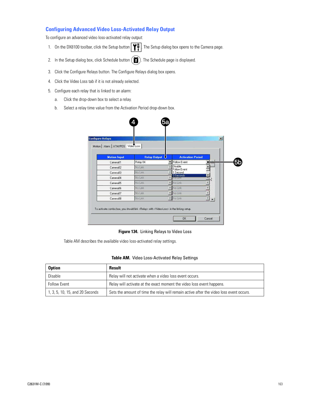 Pelco dx8100 manual Configuring Advanced Video Loss-Activated Relay Output, Table AM. Video Loss-Activated Relay Settings 