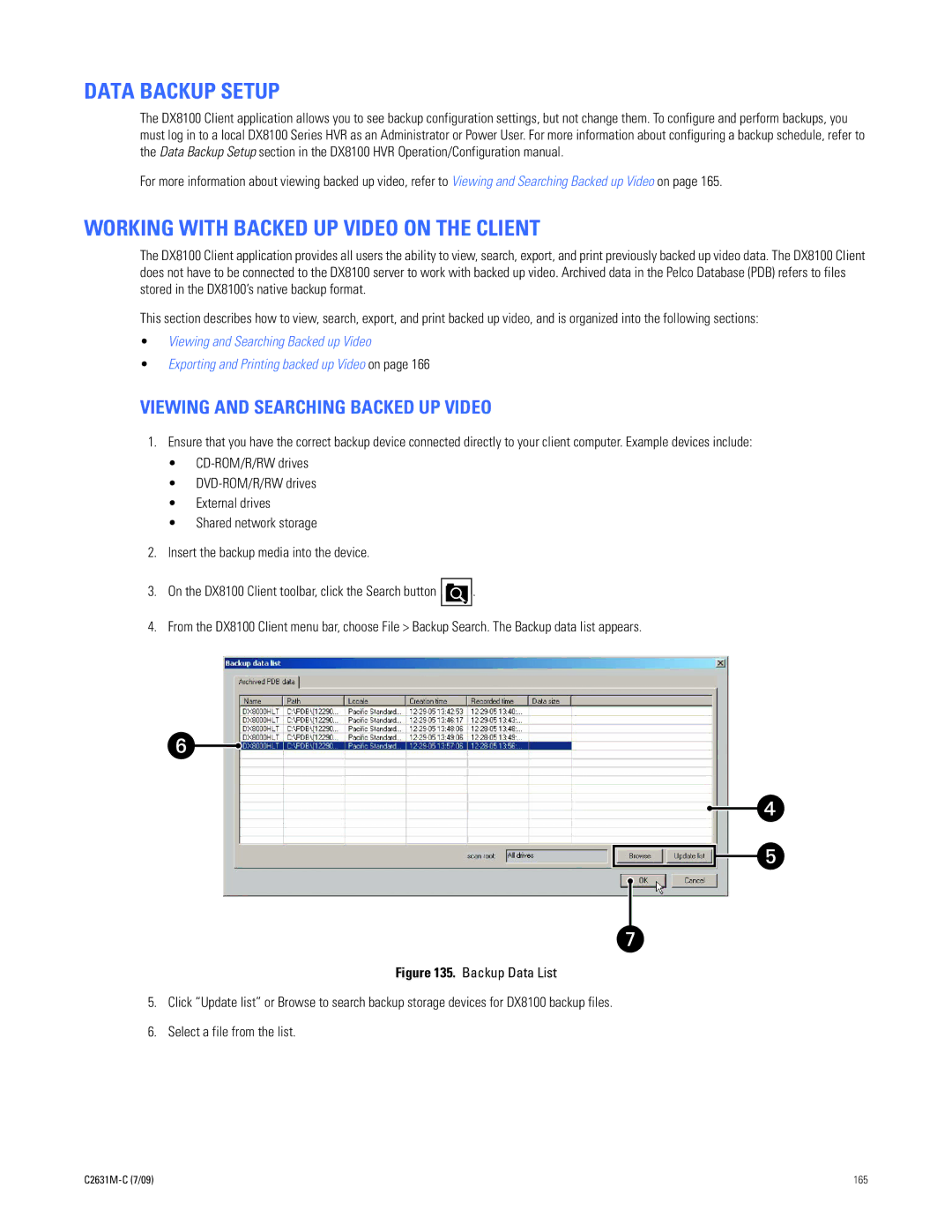 Pelco dx8100 manual Data Backup Setup, Working with Backed UP Video on the Client, Viewing and Searching Backed UP Video 