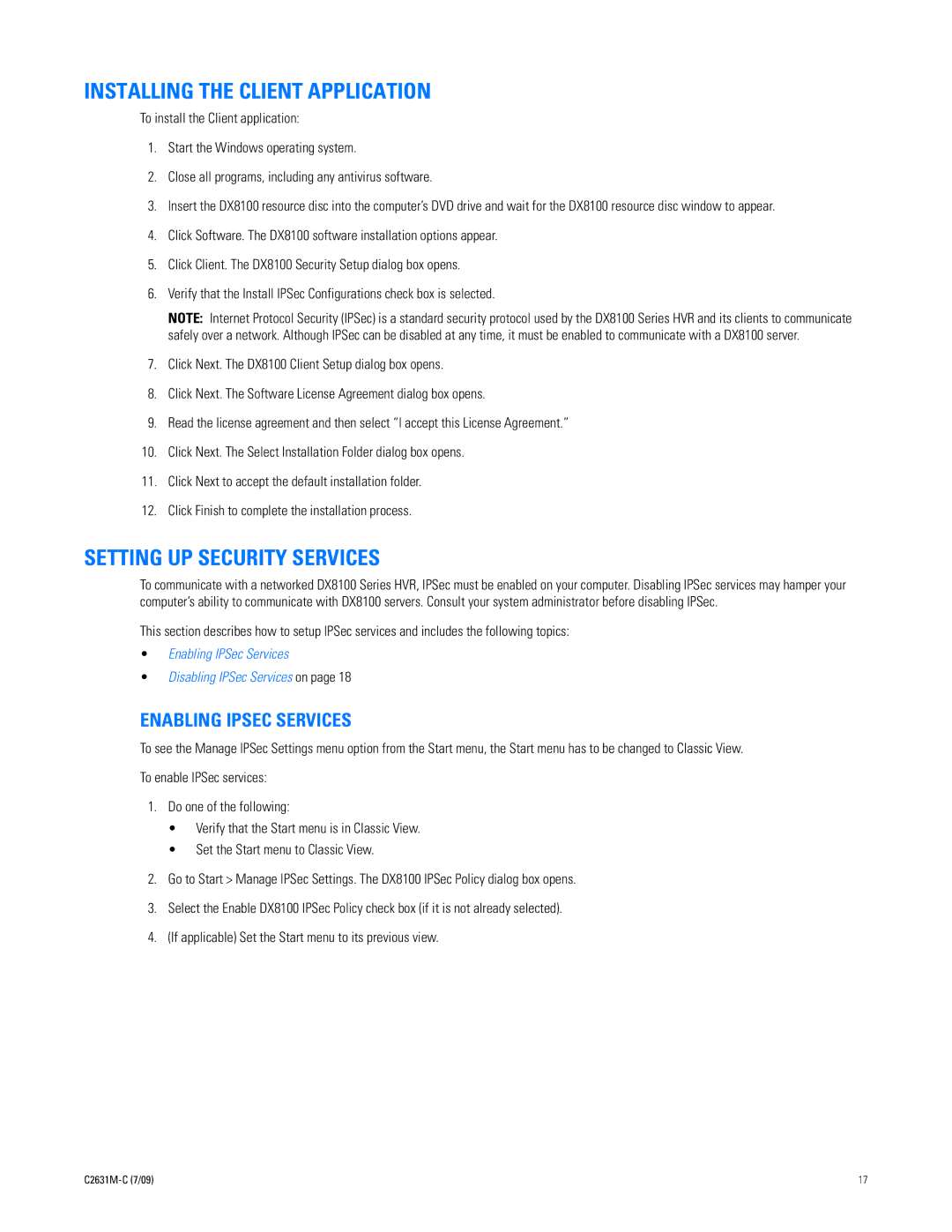 Pelco dx8100 manual Installing the Client Application, Setting UP Security Services, Enabling Ipsec Services 