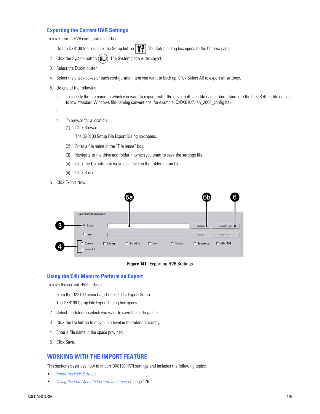 Pelco dx8100 Working with the Import Feature, Exporting the Current HVR Settings, Using the Edit Menu to Perform an Export 