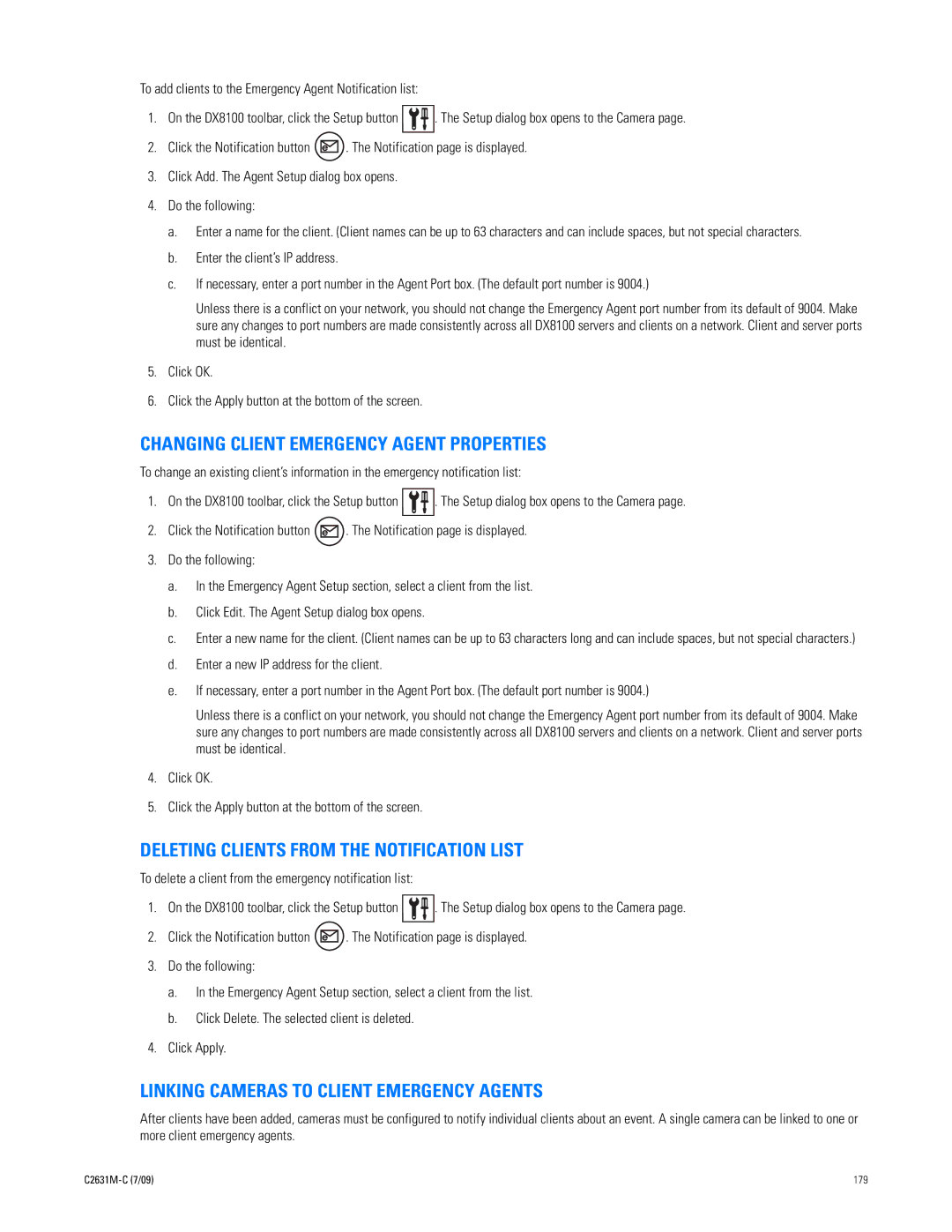 Pelco dx8100 manual Changing Client Emergency Agent Properties, Deleting Clients from the Notification List 