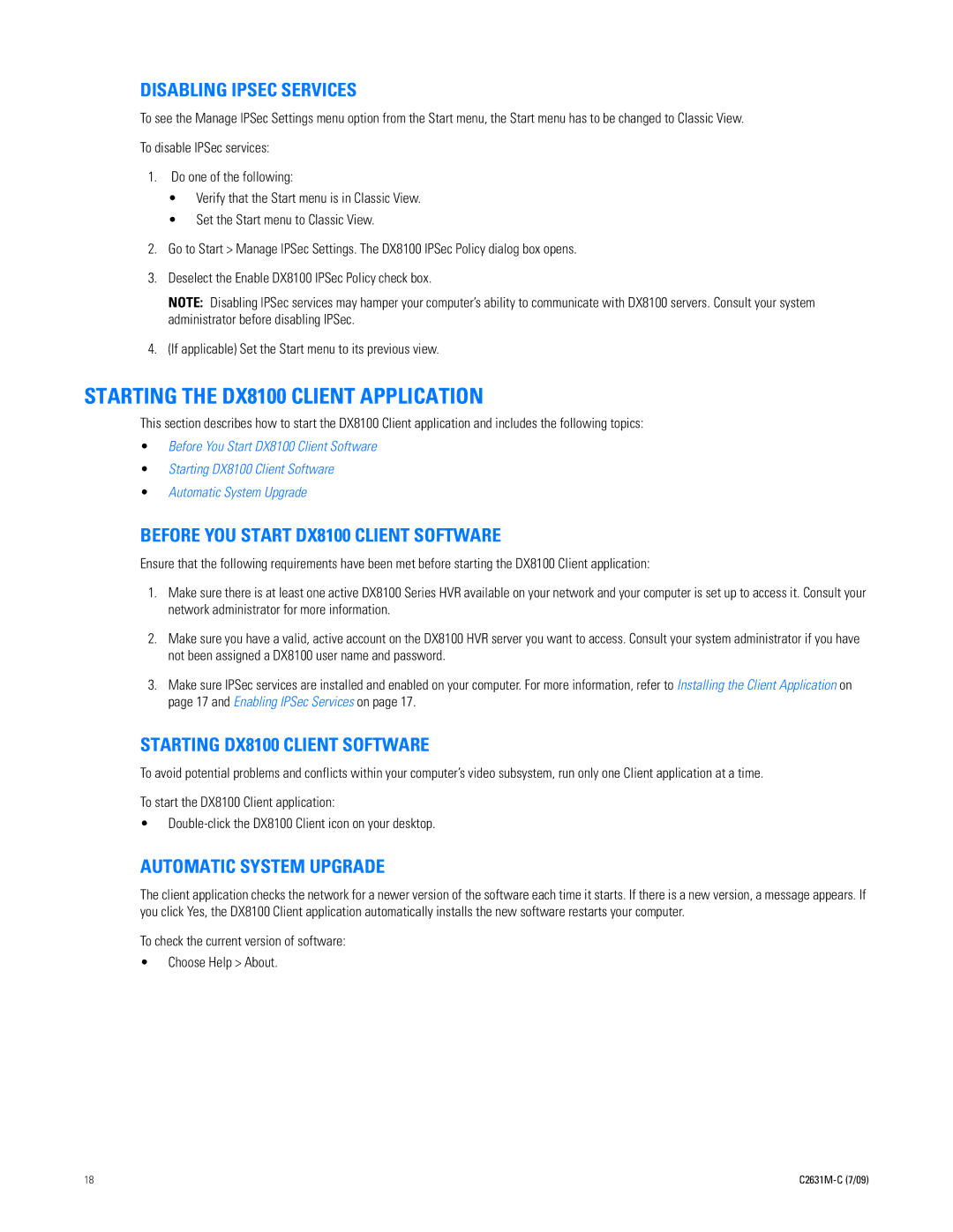 Pelco dx8100 Starting the DX8100 Client Application, Disabling Ipsec Services, Before YOU Start DX8100 Client Software 