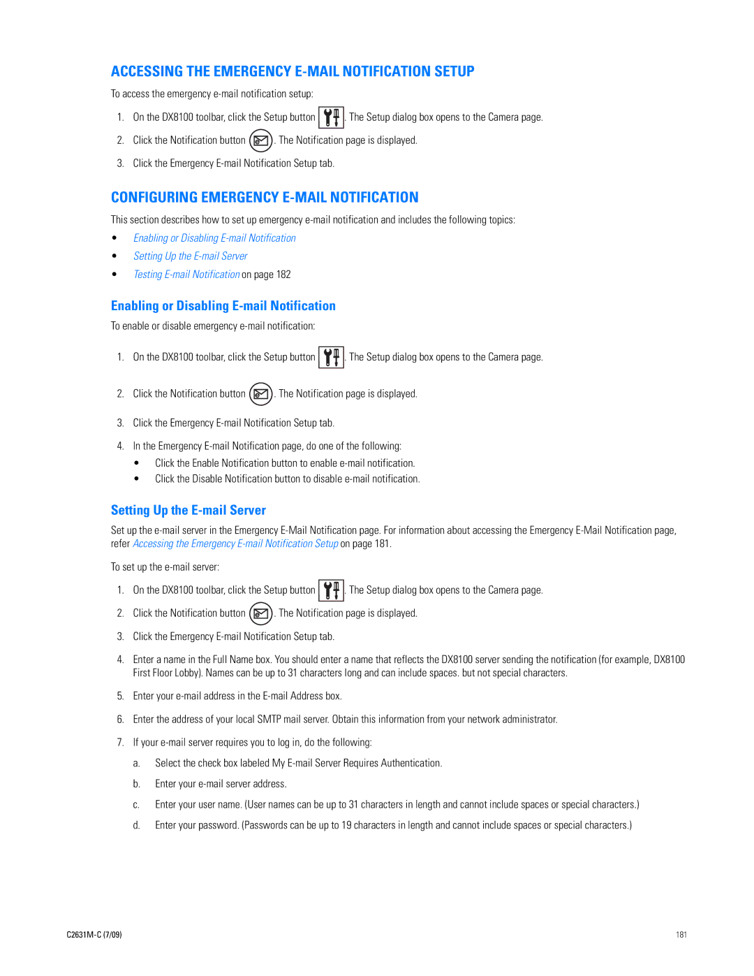 Pelco dx8100 manual Accessing the Emergency E-MAIL Notification Setup, Configuring Emergency E-MAIL Notification 