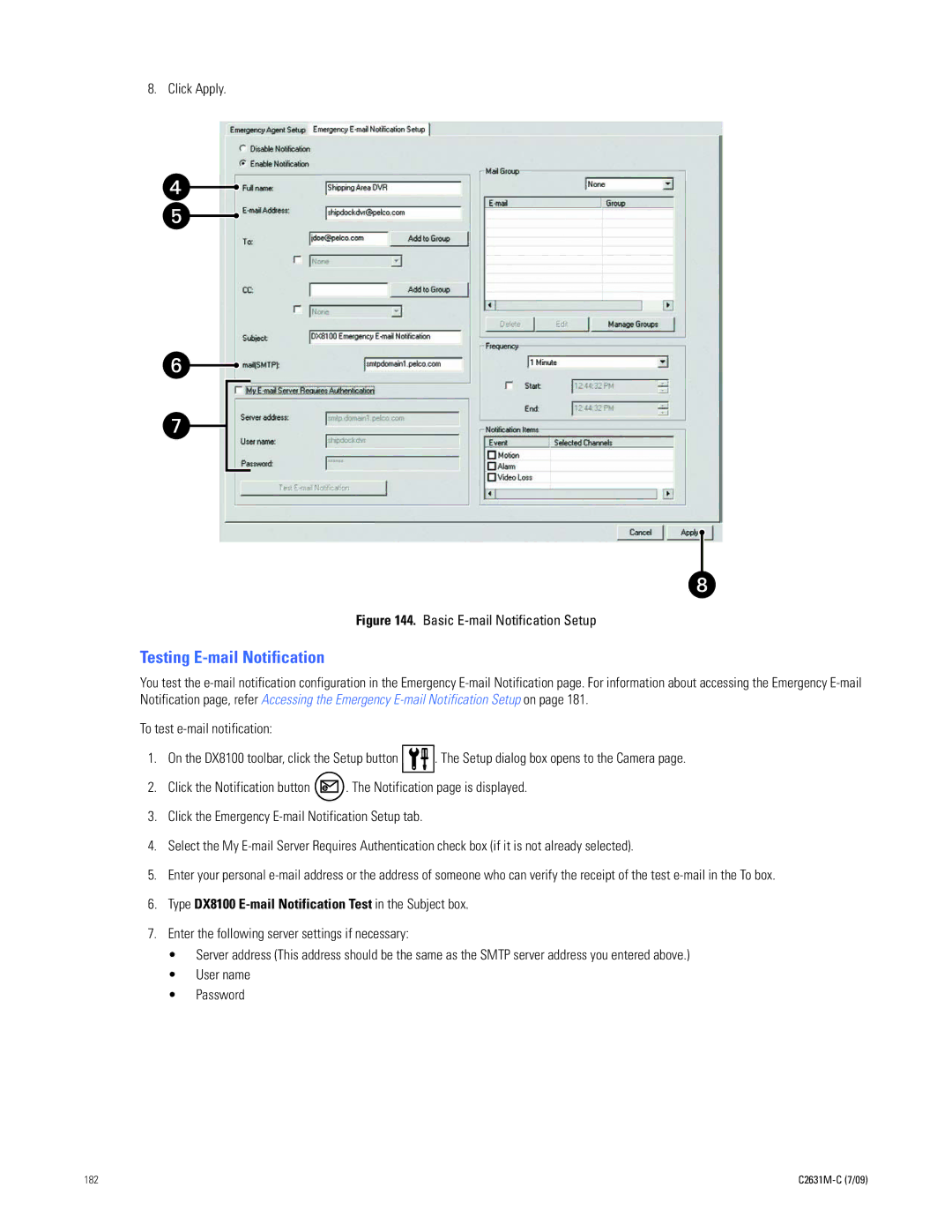 Pelco dx8100 manual Testing E-mail Notification, Type DX8100 E-mail Notification Test in the Subject box 