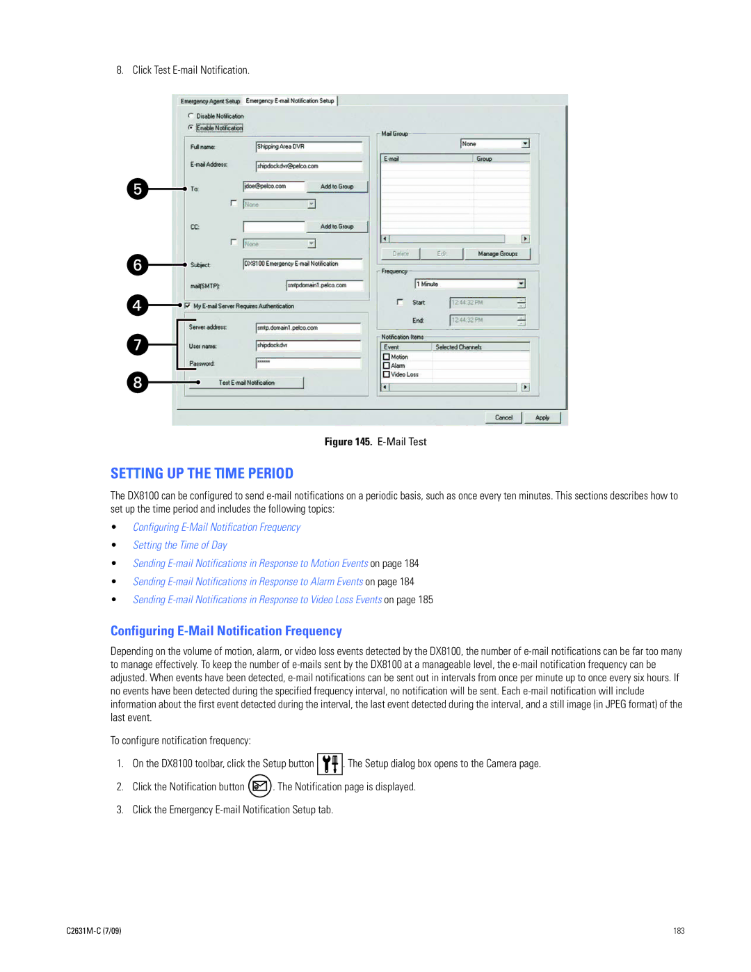 Pelco dx8100 manual Setting UP the Time Period, Configuring E-Mail Notification Frequency, Click Test E-mail Notification 