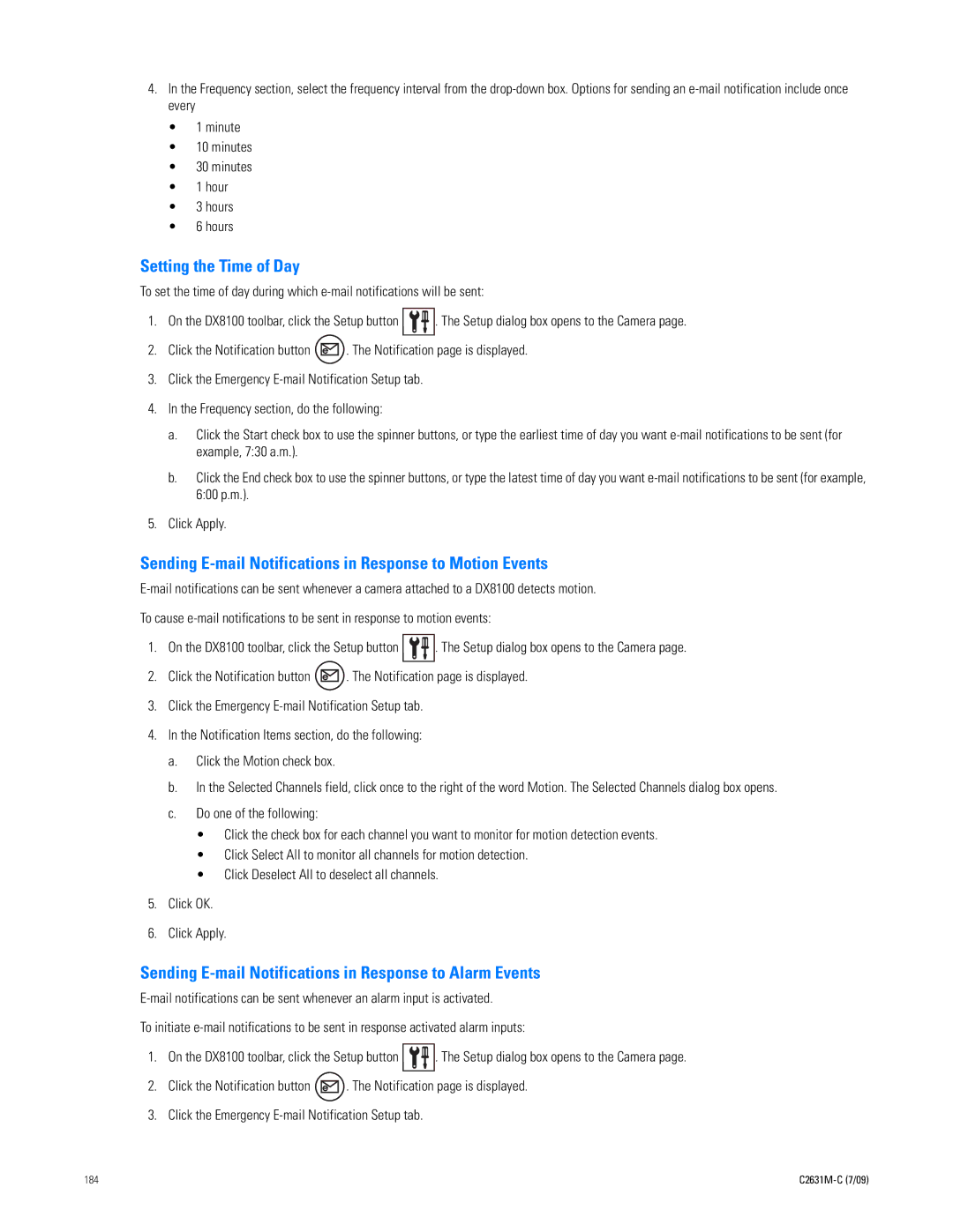 Pelco dx8100 manual Setting the Time of Day, Sending E-mail Notifications in Response to Motion Events 