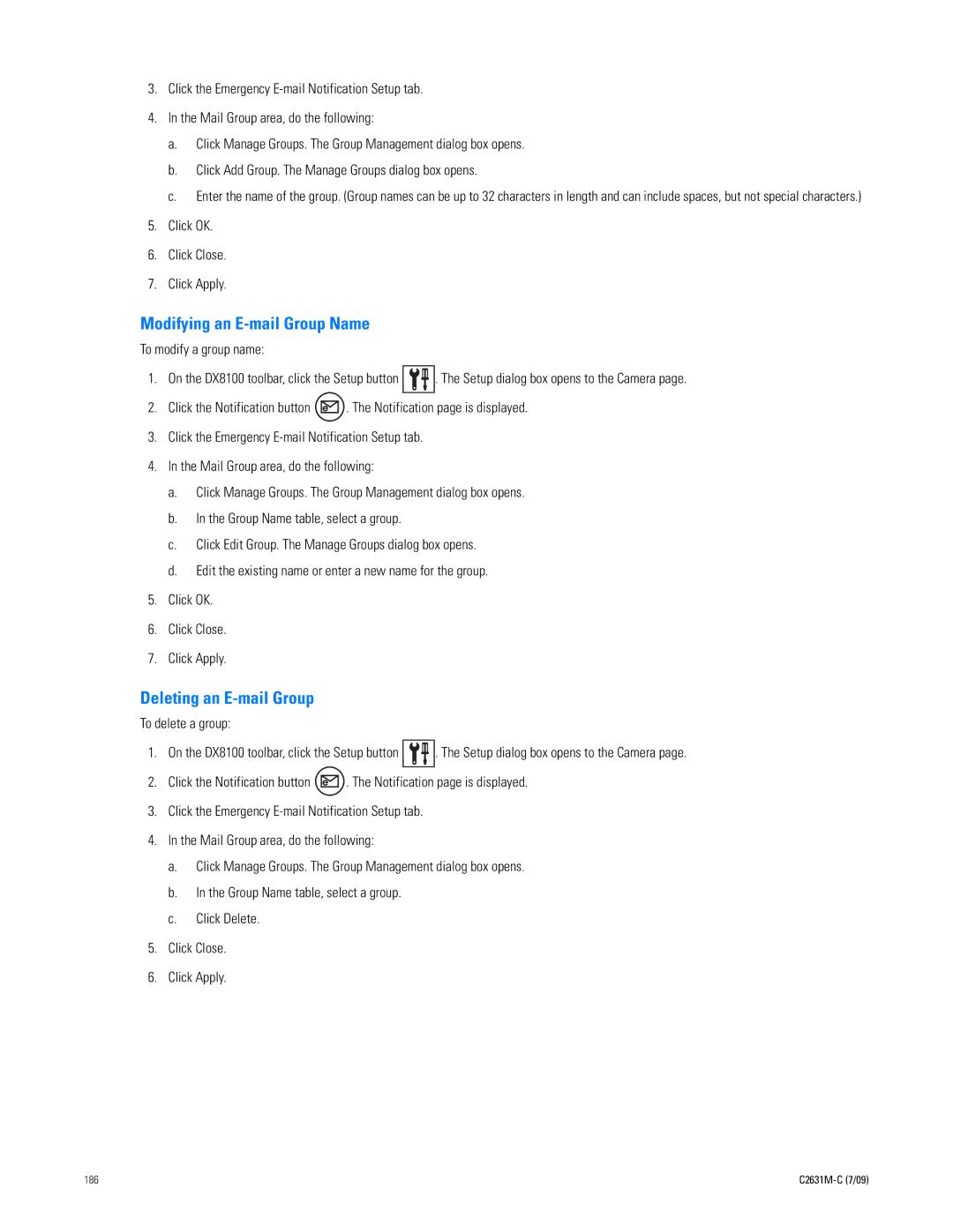 Pelco dx8100 manual Modifying an E-mail Group Name, Deleting an E-mail Group, Click OK Click Close Click Apply 
