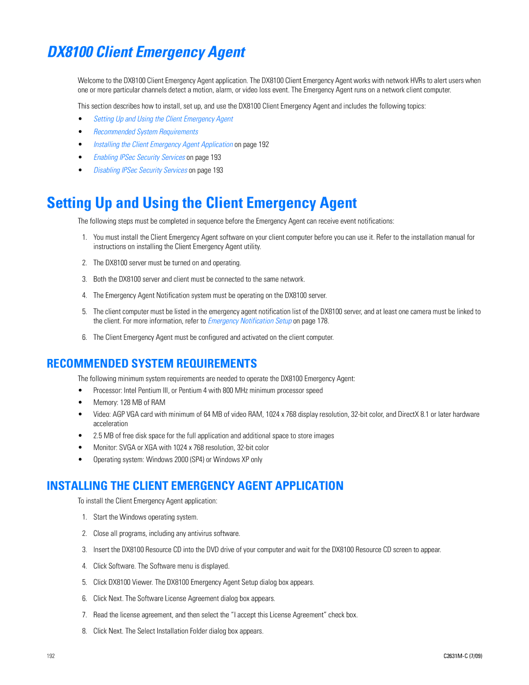 Pelco dx8100 manual Setting Up and Using the Client Emergency Agent, Installing the Client Emergency Agent Application 
