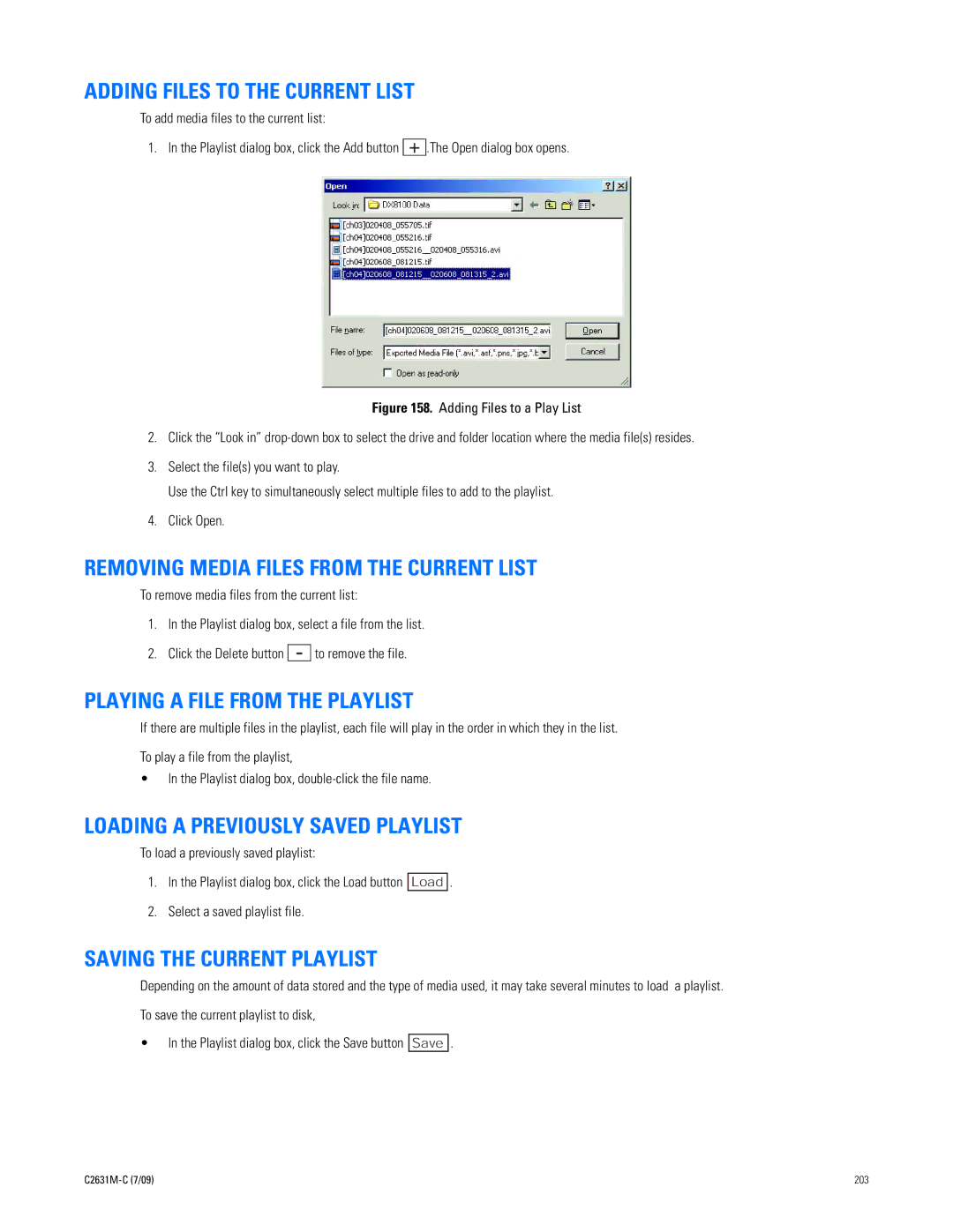 Pelco dx8100 Adding Files to the Current List, Removing Media Files from the Current List, Saving the Current Playlist 