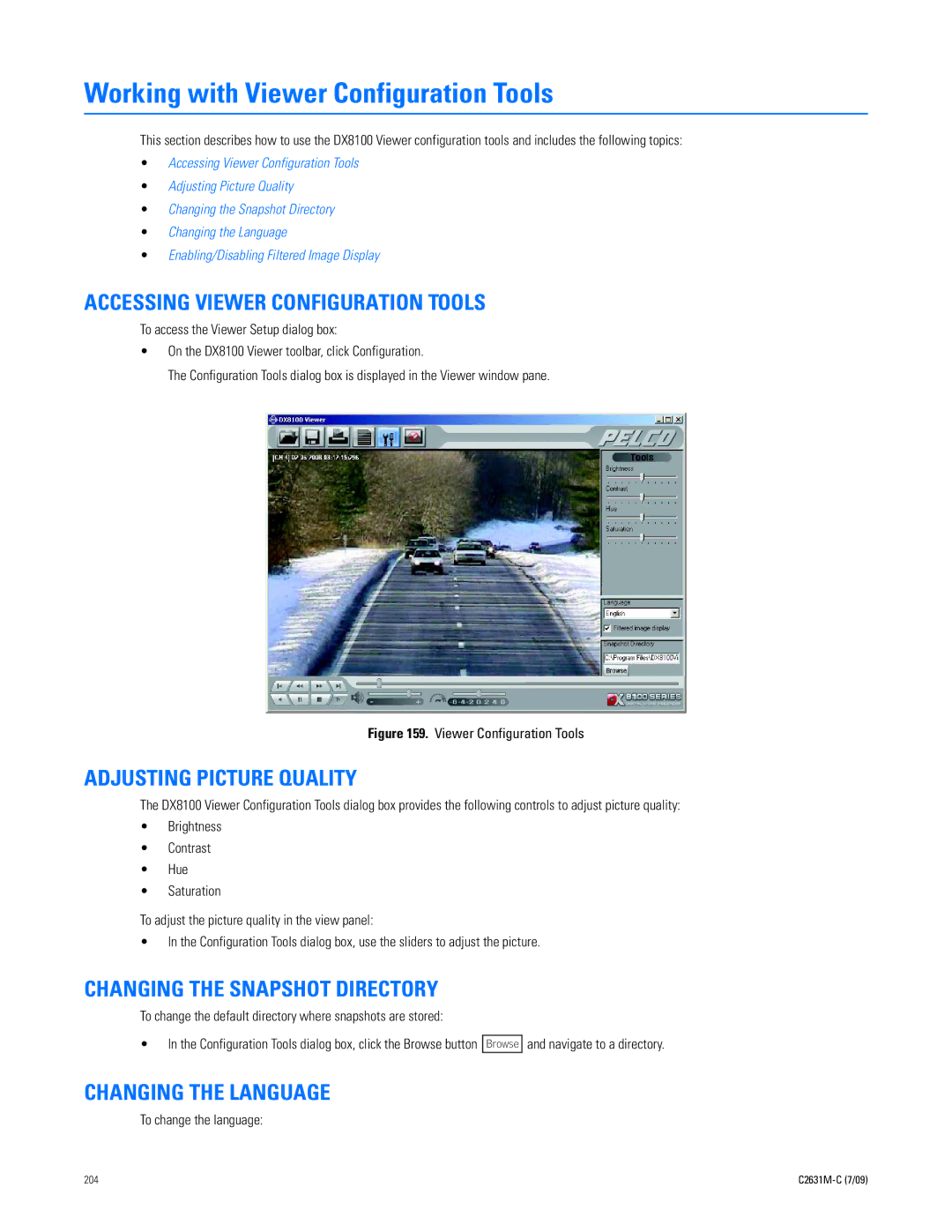 Pelco dx8100 Working with Viewer Configuration Tools, Accessing Viewer Configuration Tools, Adjusting Picture Quality 