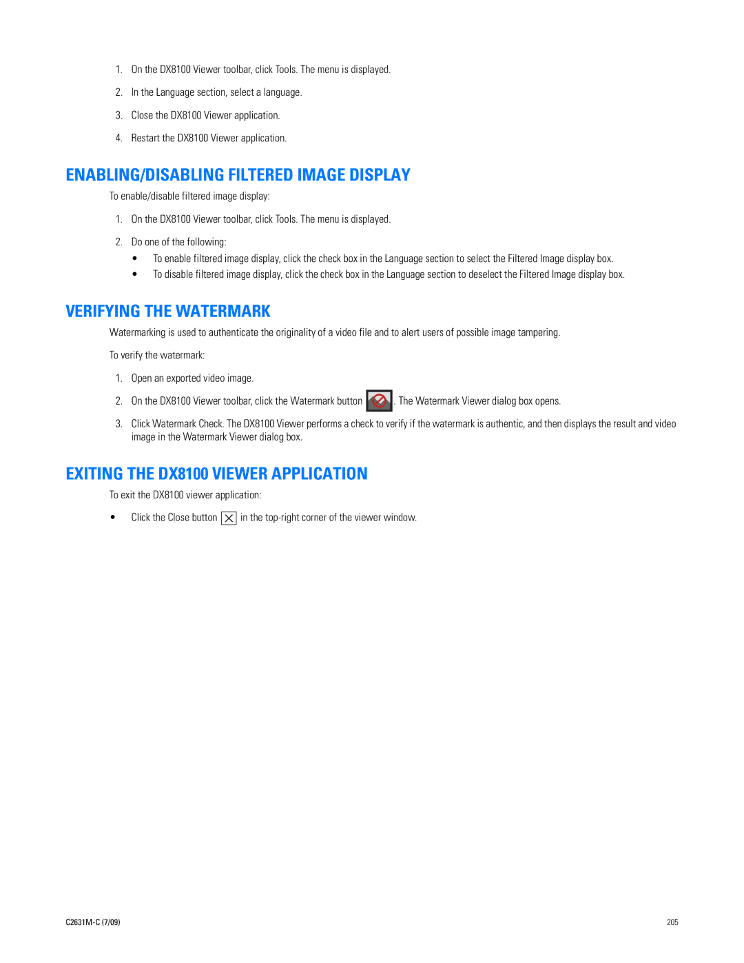 Pelco dx8100 ENABLING/DISABLING Filtered Image Display, Verifying the Watermark, Exiting the DX8100 Viewer Application 