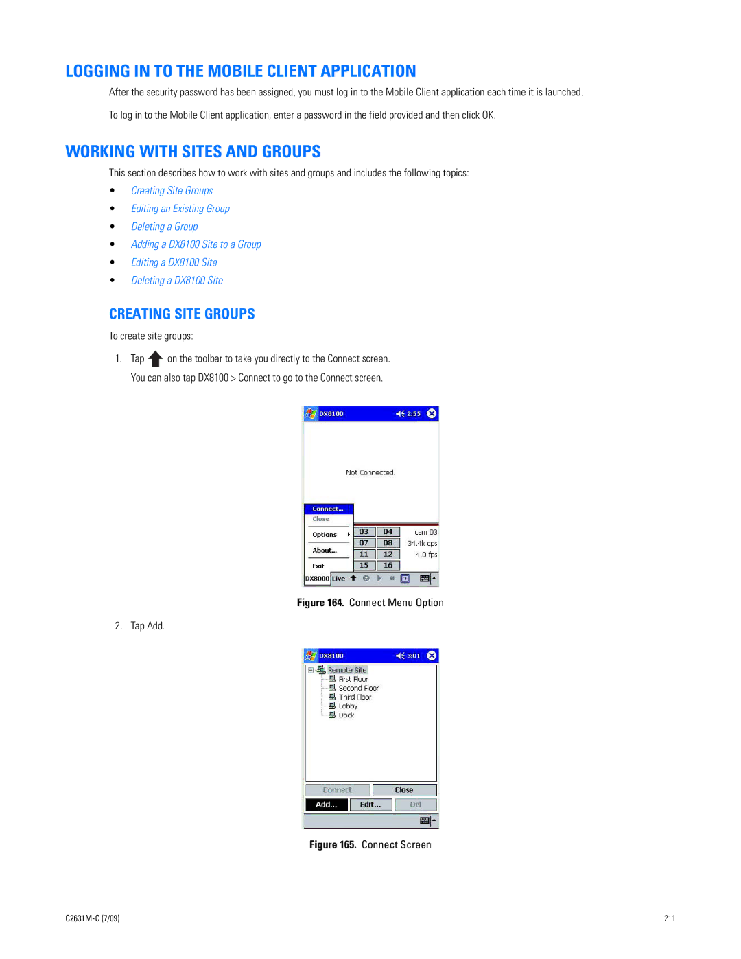 Pelco dx8100 manual Logging in to the Mobile Client Application, Working with Sites and Groups, Creating Site Groups 