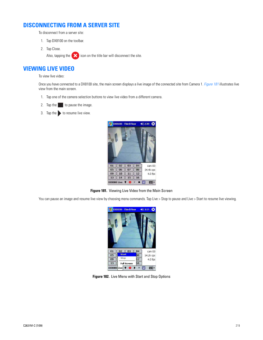 Pelco dx8100 manual Disconnecting from a Server Site, Viewing Live Video 