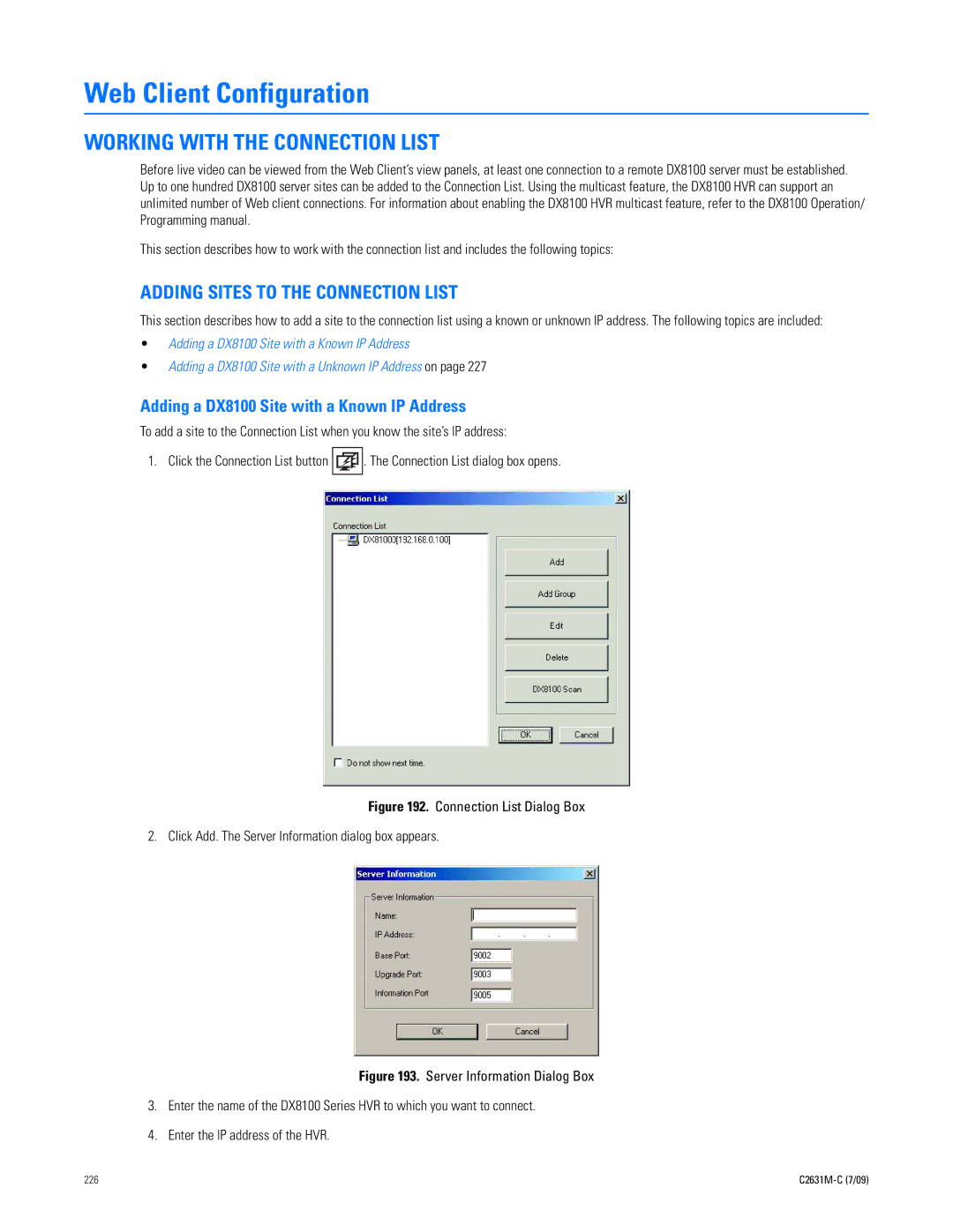 Pelco dx8100 manual Web Client Configuration, Working with the Connection List, Adding Sites to the Connection List 