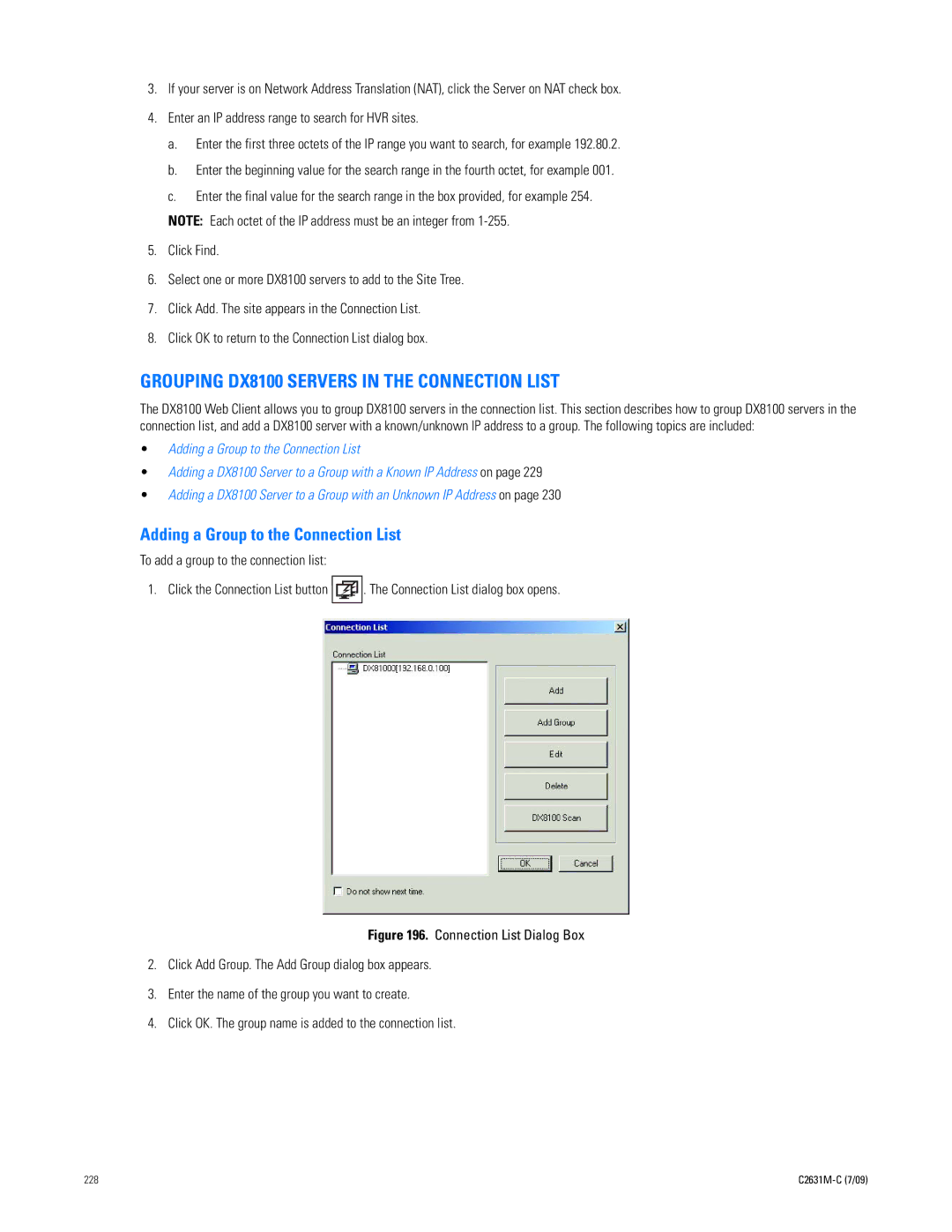Pelco dx8100 manual Grouping DX8100 Servers in the Connection List, Adding a Group to the Connection List 