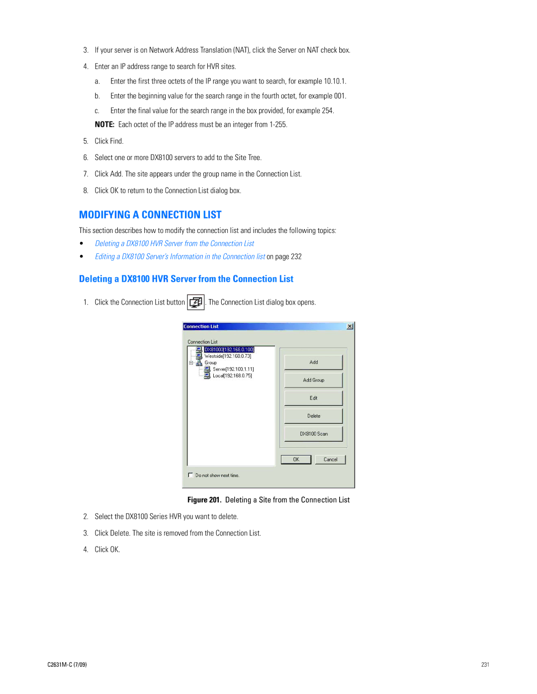 Pelco dx8100 manual Modifying a Connection List, Deleting a DX8100 HVR Server from the Connection List 
