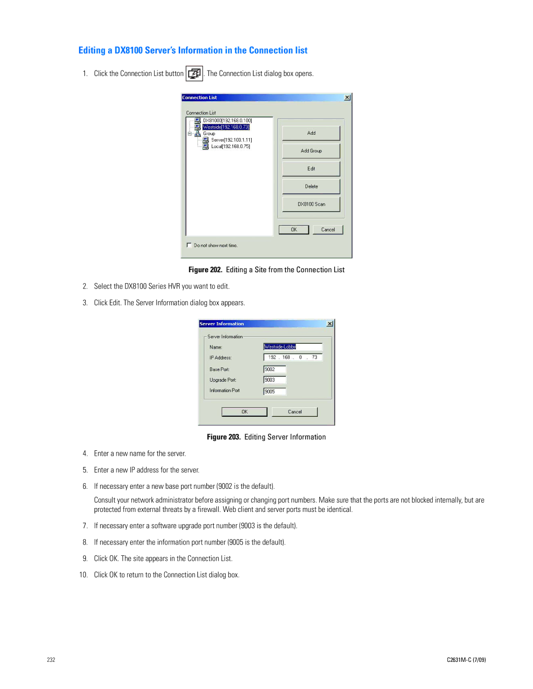 Pelco dx8100 manual Editing a DX8100 Server’s Information in the Connection list 