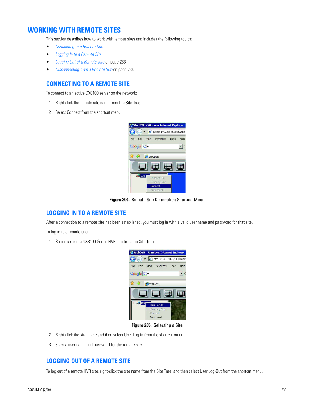 Pelco dx8100 manual Remote Site Connection Shortcut Menu 