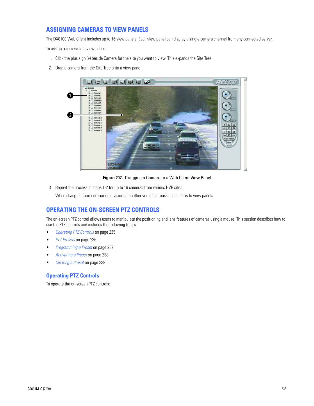 Pelco dx8100 manual Assigning Cameras to View Panels, Operating the ON-SCREEN PTZ Controls, Operating PTZ Controls 