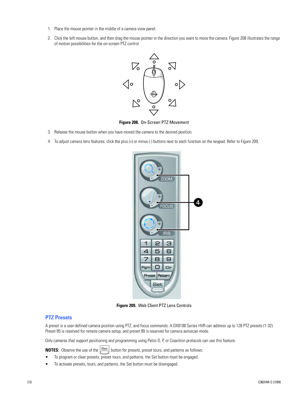 Pelco dx8100 manual PTZ Presets, Web Client PTZ Lens Controls 