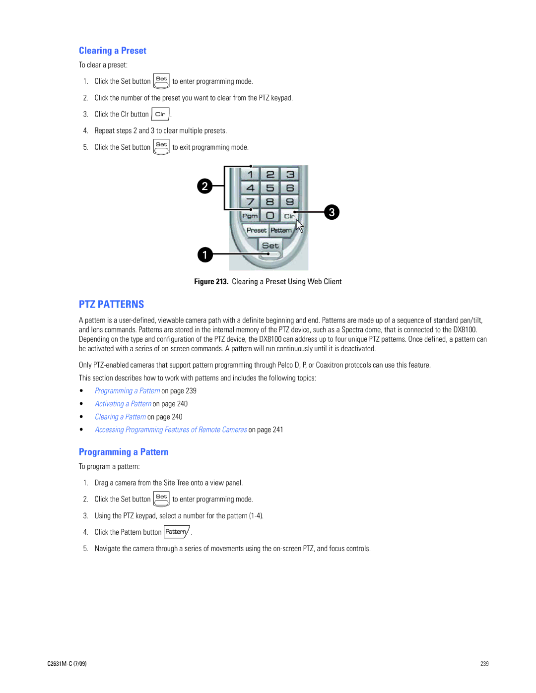 Pelco dx8100 manual PTZ Patterns, Clearing a Preset, Programming a Pattern 