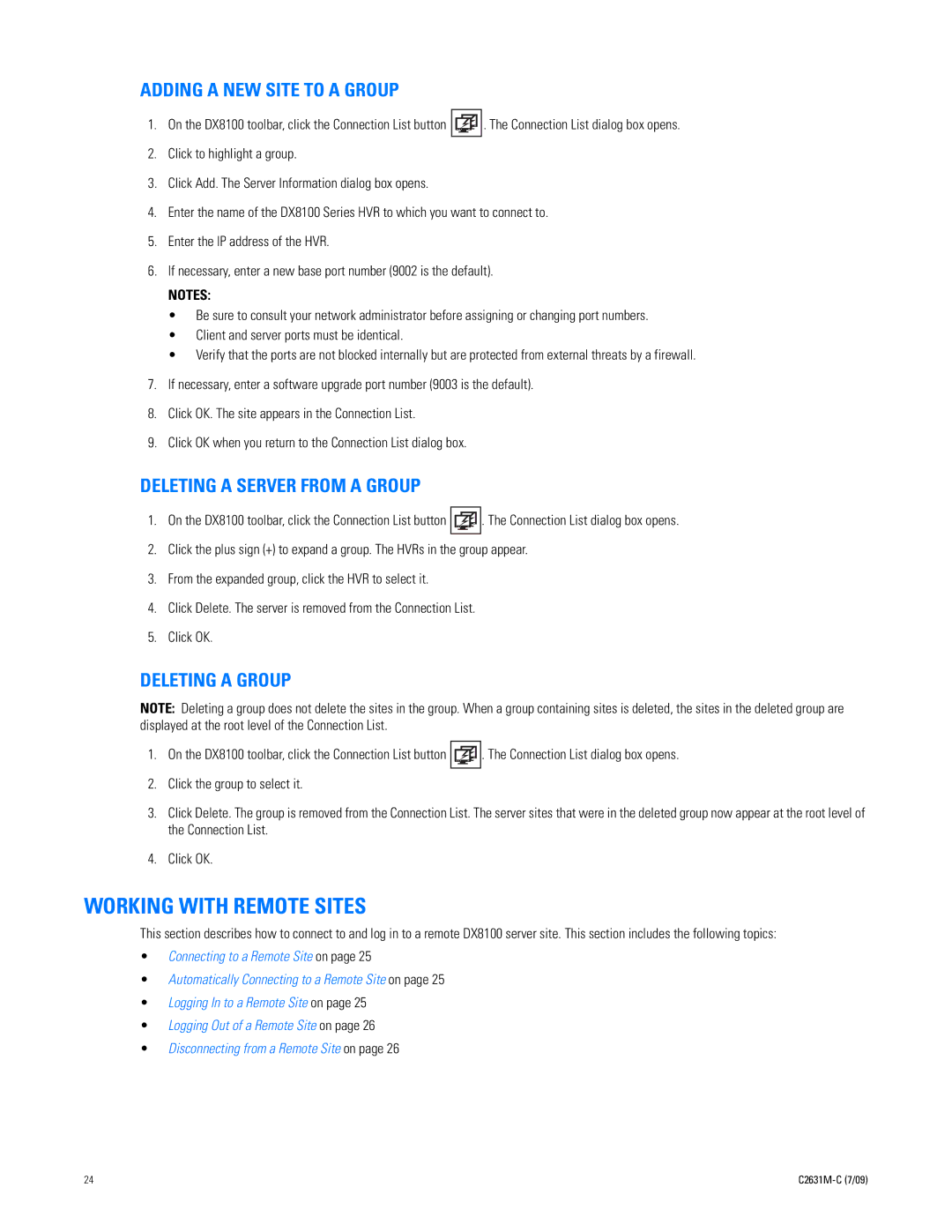 Pelco dx8100 Working with Remote Sites, Adding a NEW Site to a Group, Deleting a Server from a Group, Deleting a Group 