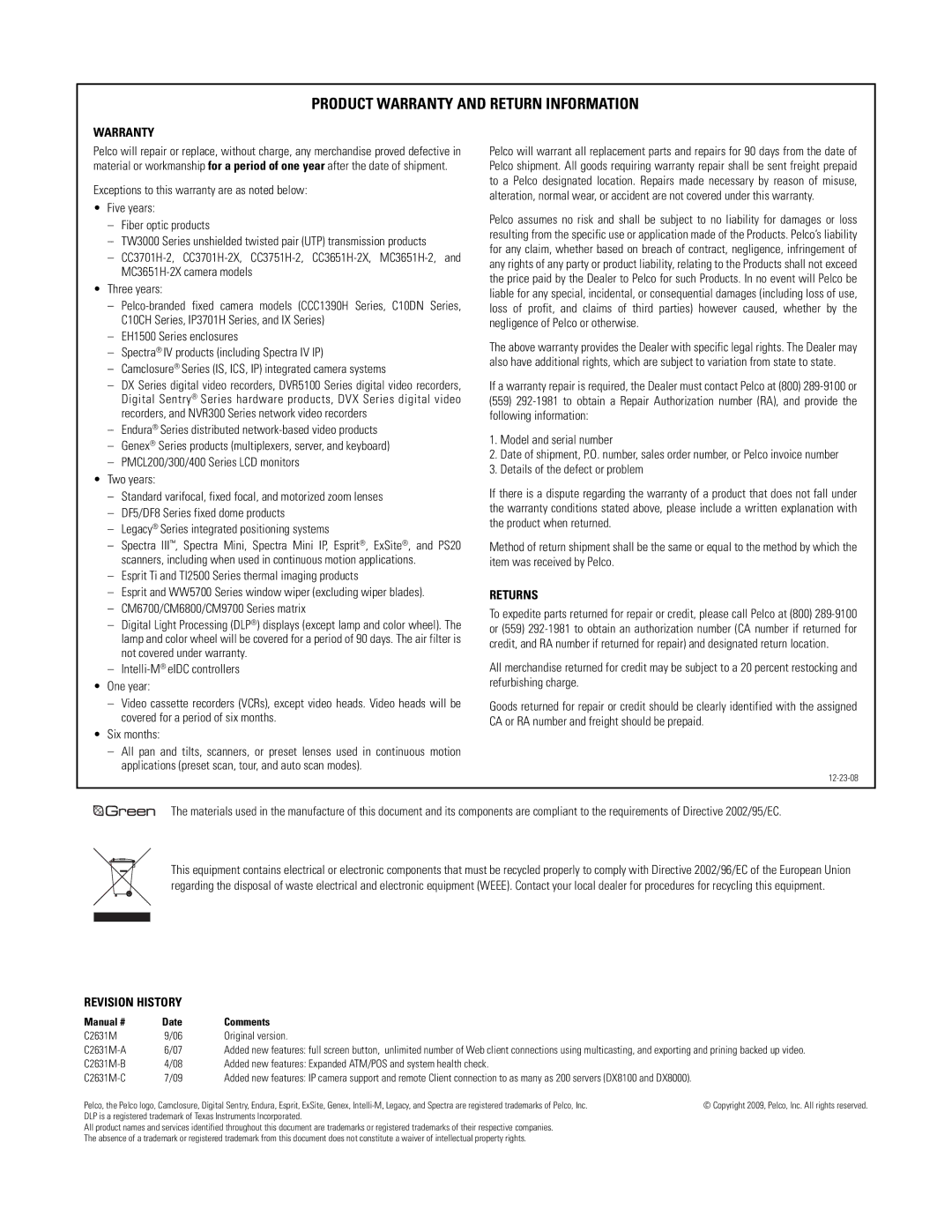 Pelco dx8100 manual Product Warranty and Return Information 