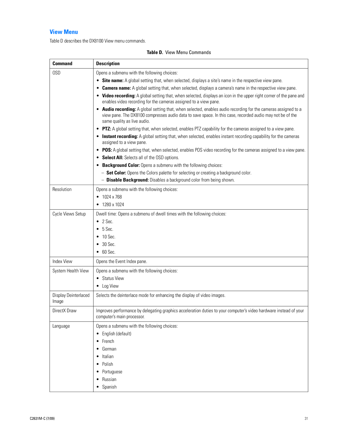 Pelco dx8100 manual View Menu 