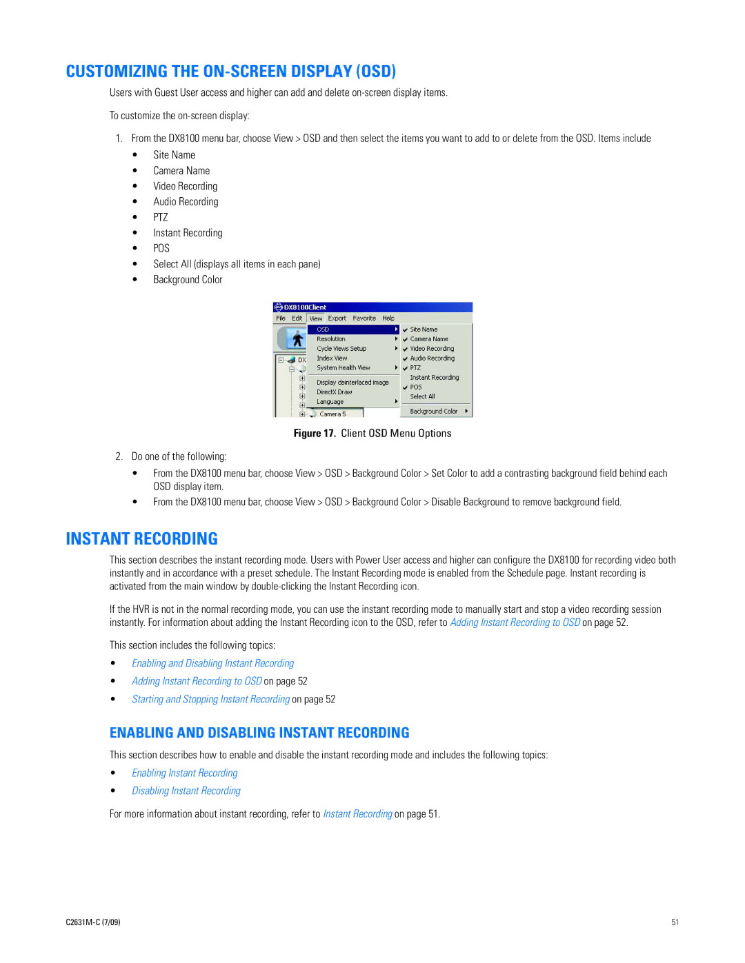 Pelco dx8100 manual Customizing the ON-SCREEN Display OSD, Enabling and Disabling Instant Recording 
