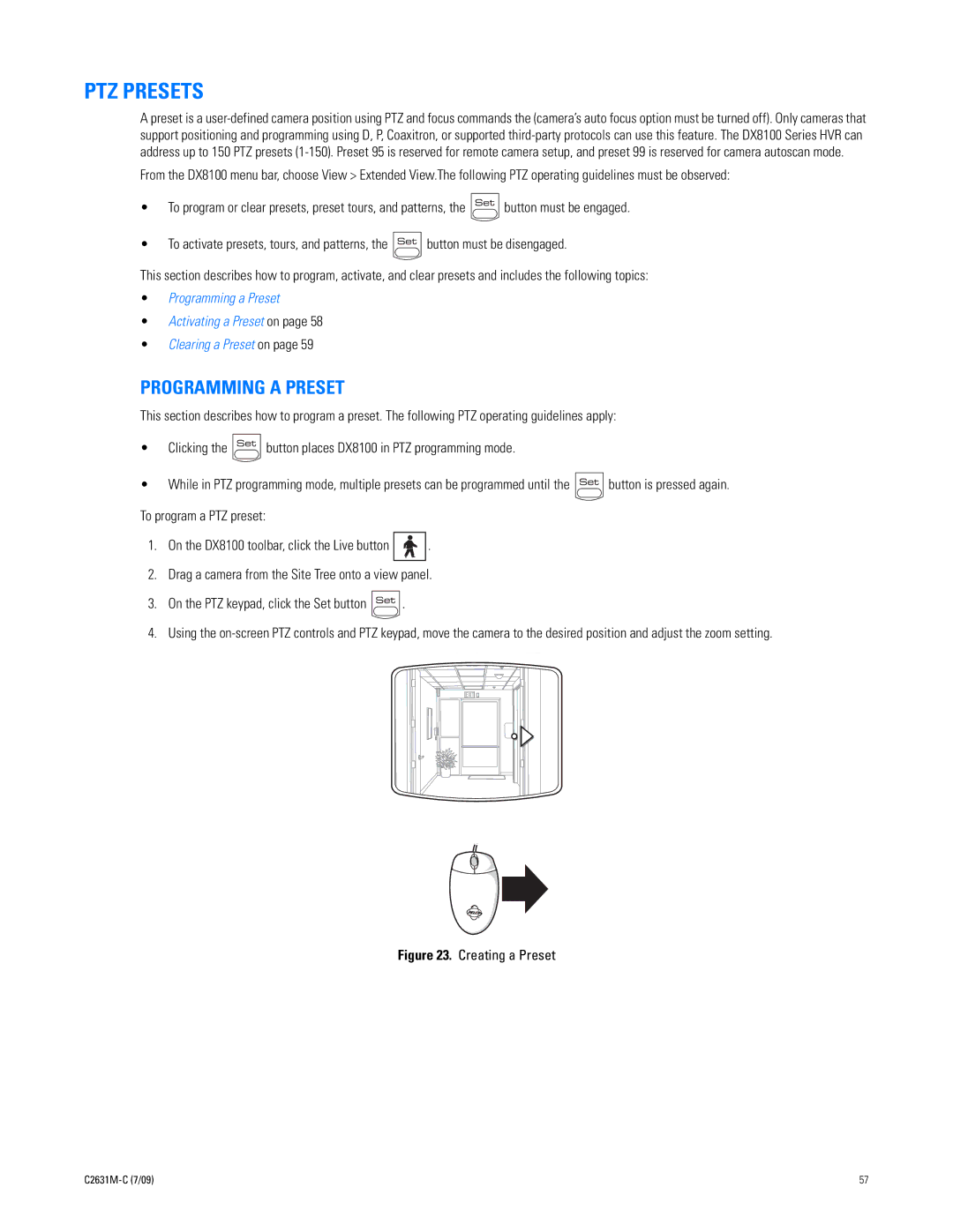 Pelco dx8100 manual PTZ Presets, Programming a Preset 