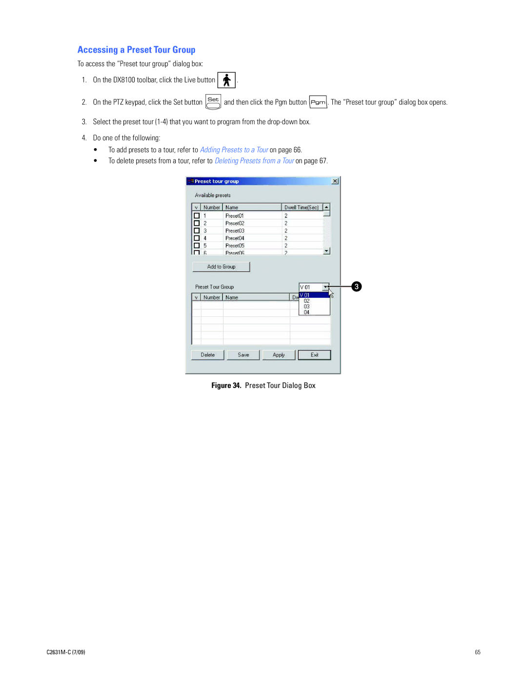 Pelco dx8100 manual Accessing a Preset Tour Group, Preset Tour Dialog Box 