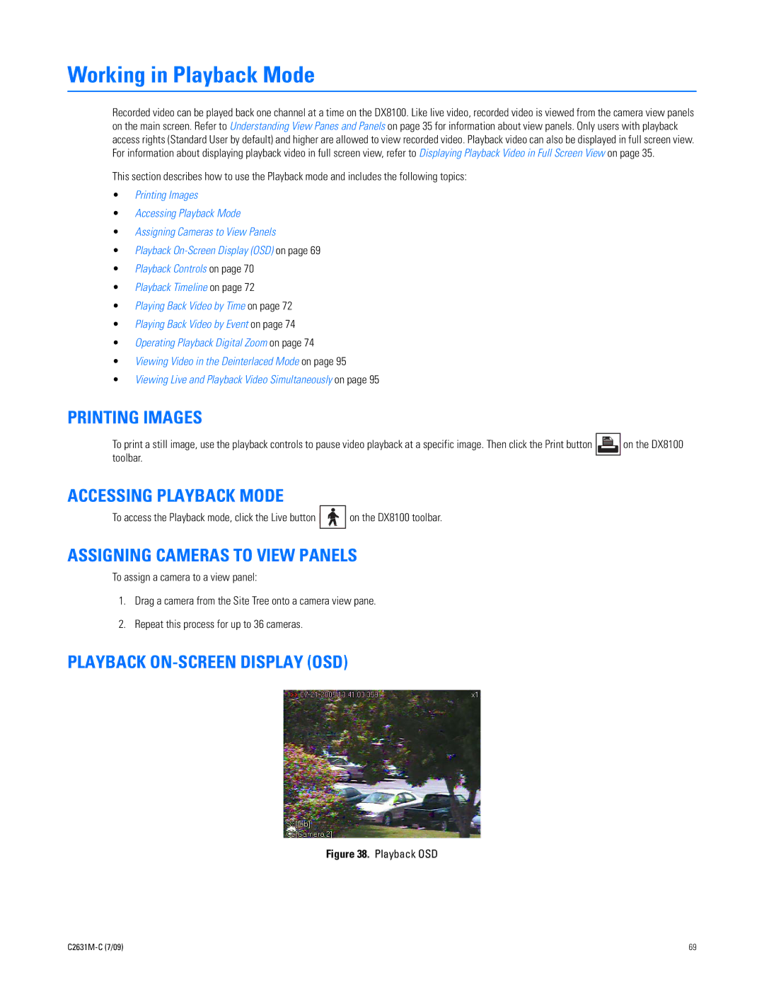 Pelco dx8100 manual Working in Playback Mode, Printing Images, Accessing Playback Mode, Assigning Cameras to View Panels 