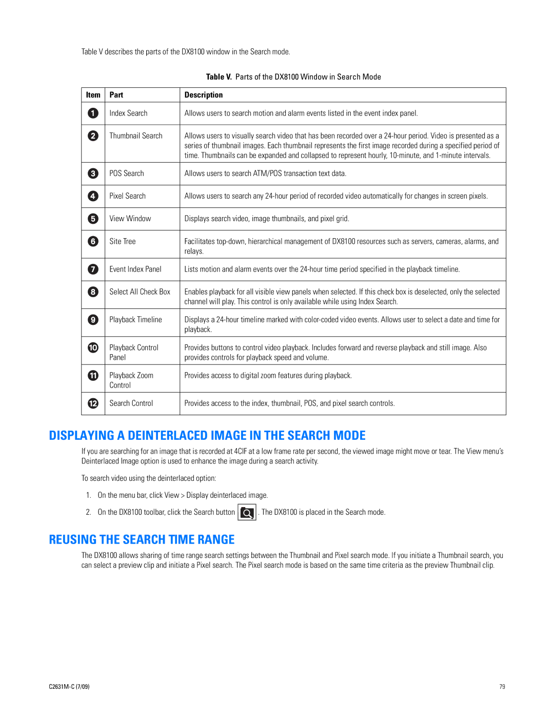 Pelco dx8100 Displaying a Deinterlaced Image in the Search Mode, Reusing the Search Time Range, Item Part Description 