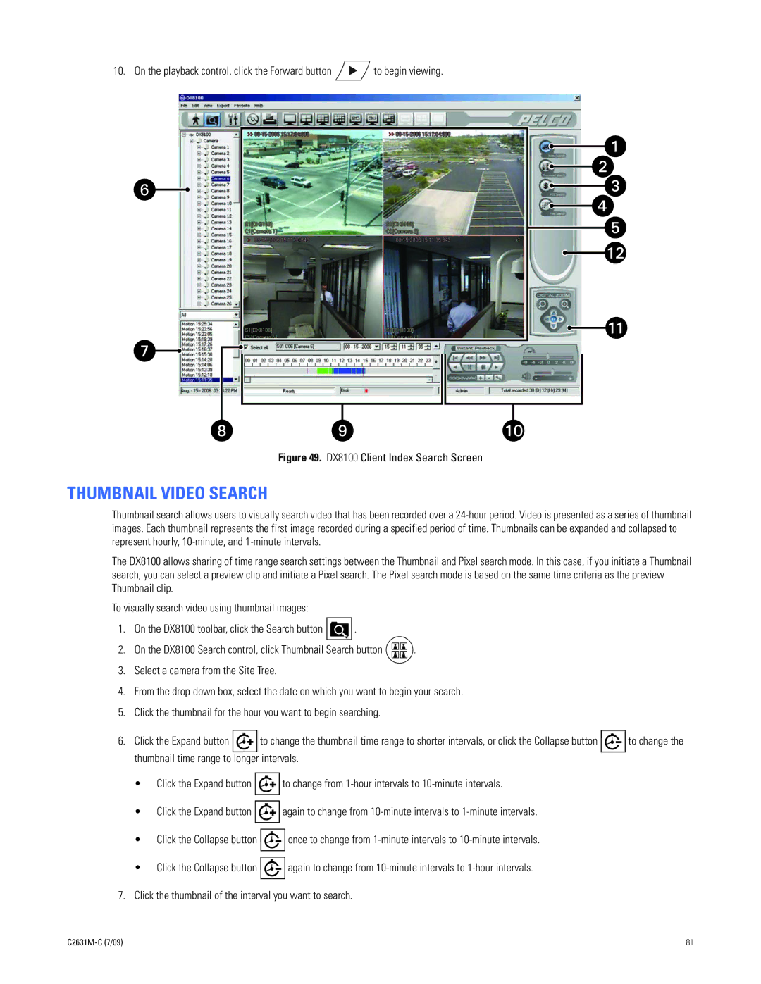 Pelco dx8100 manual Thumbnail Video Search, DX8100 Client Index Search Screen 