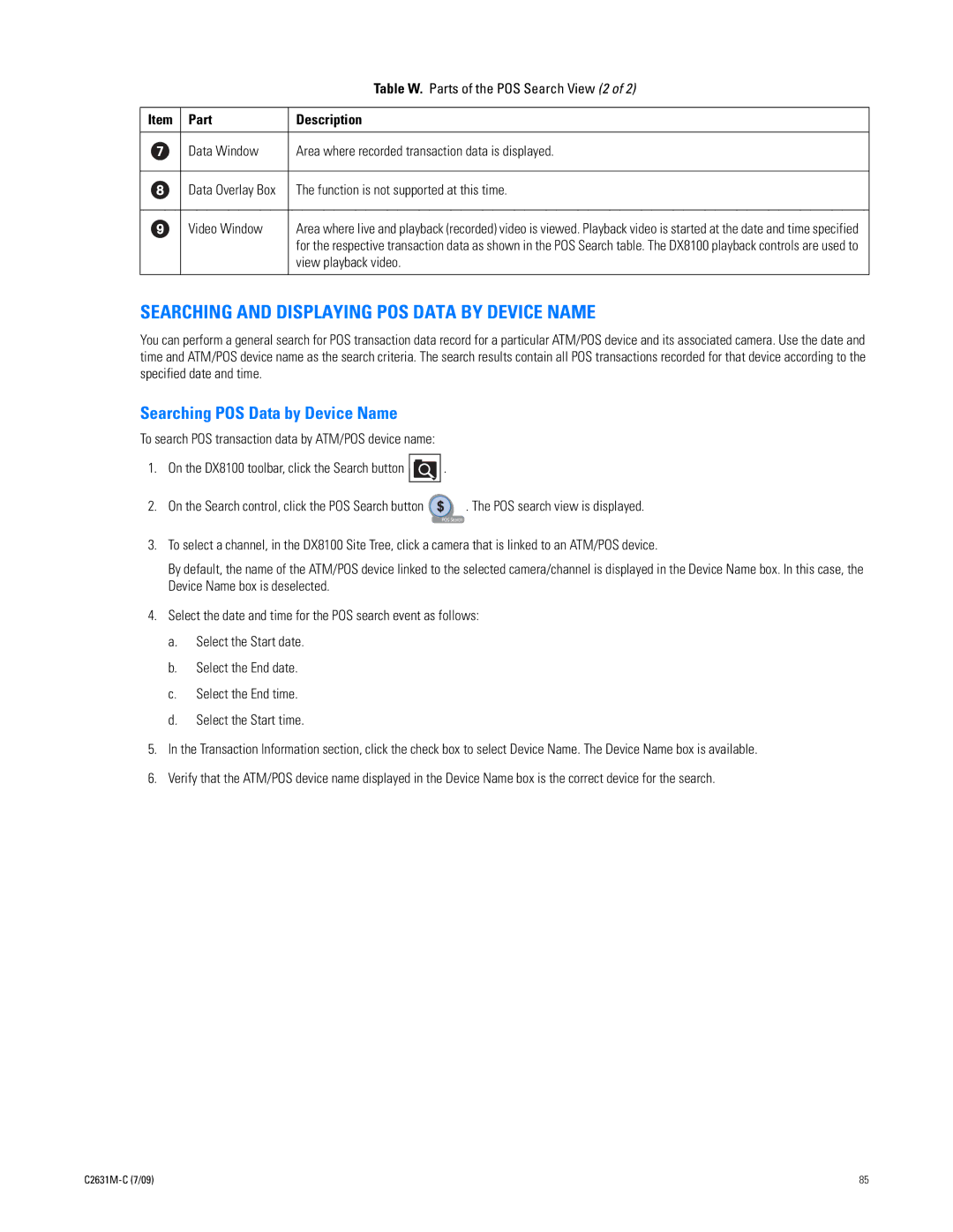 Pelco dx8100 manual Searching and Displaying POS Data by Device Name, Searching POS Data by Device Name 