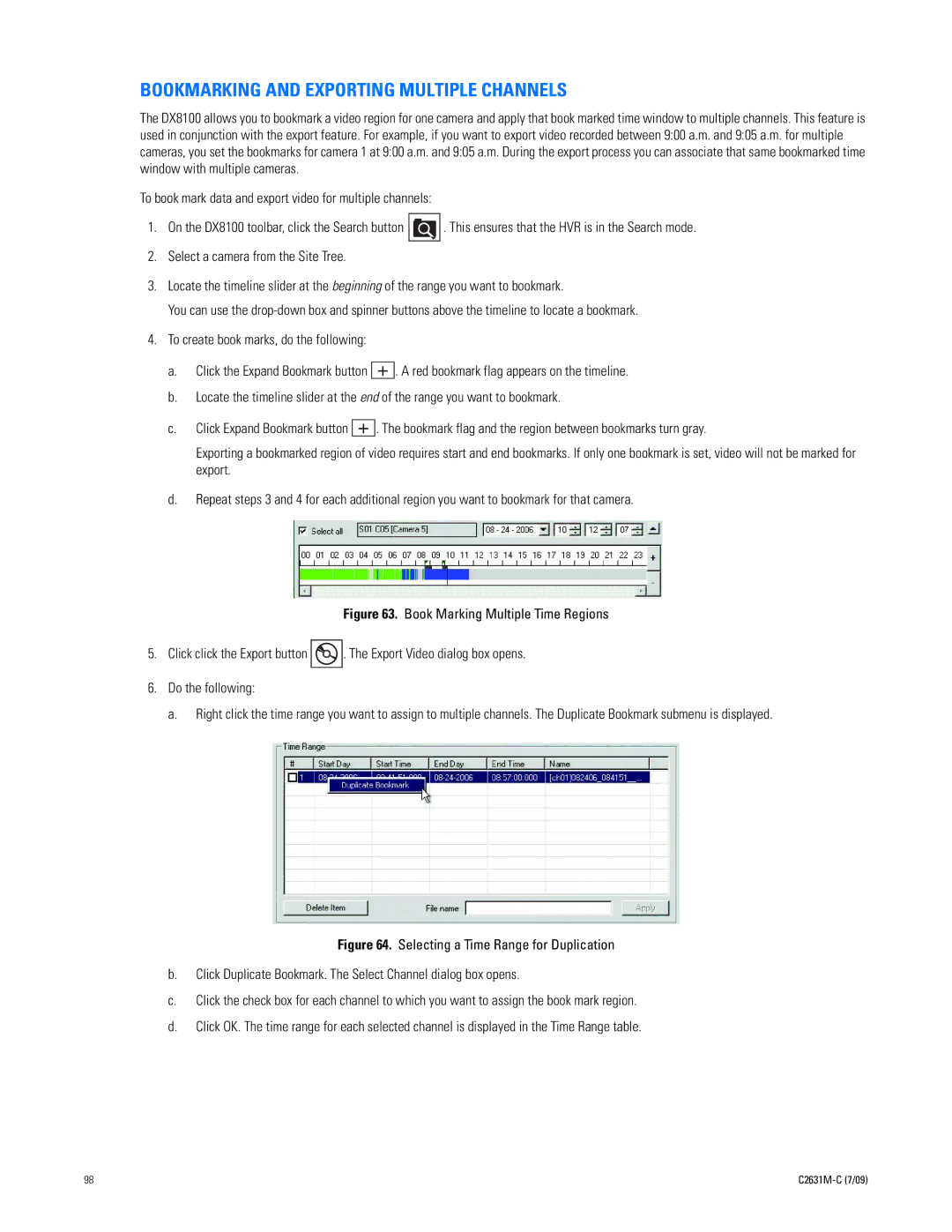 Pelco dx8100 manual Bookmarking and Exporting Multiple Channels 