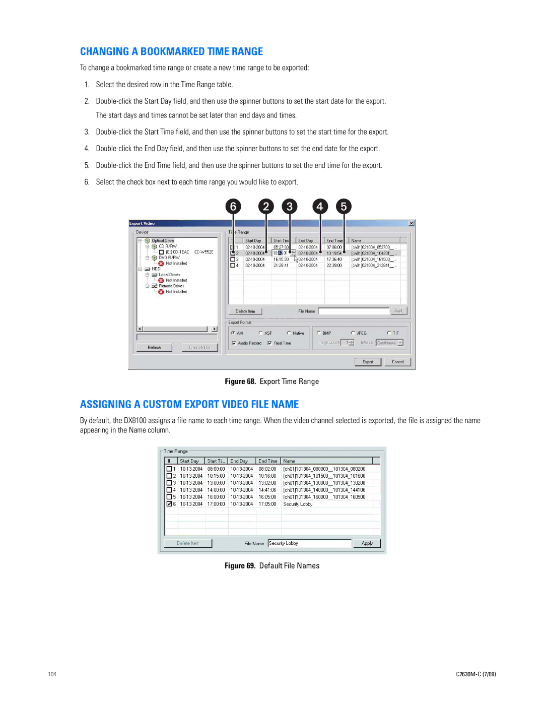 Pelco dx8100 manual Changing a Bookmarked Time Range, Assigning a Custom Export Video File Name 