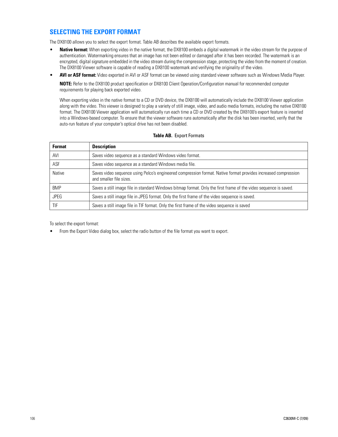 Pelco dx8100 manual Selecting the Export Format, Format Description 