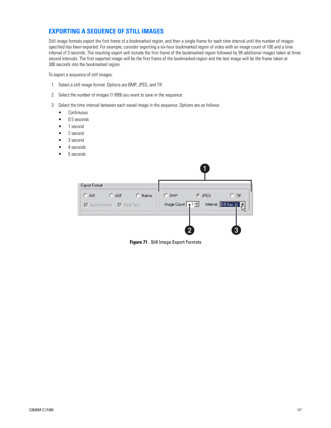 Pelco dx8100 manual Exporting a Sequence of Still Images, Still Image Export Formats 