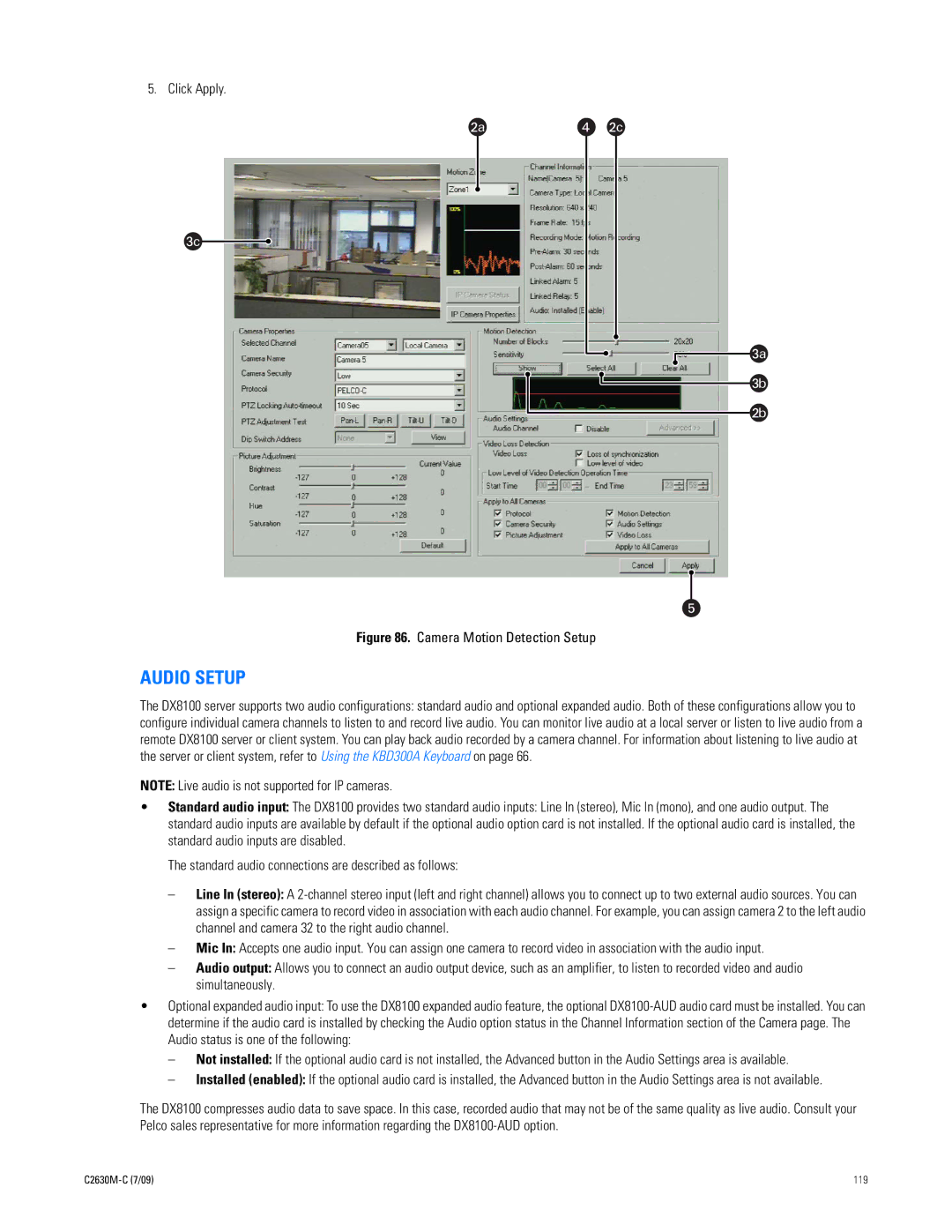 Pelco dx8100 manual Audio Setup, Camera Motion Detection Setup 