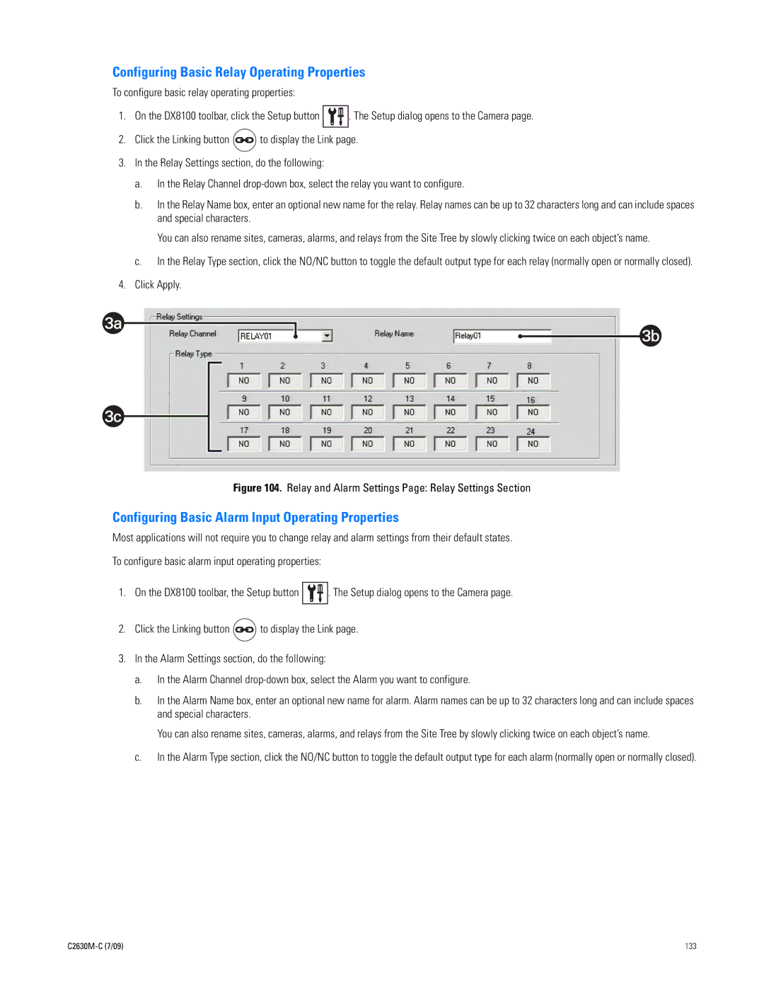 Pelco dx8100 manual Configuring Basic Relay Operating Properties, Configuring Basic Alarm Input Operating Properties 