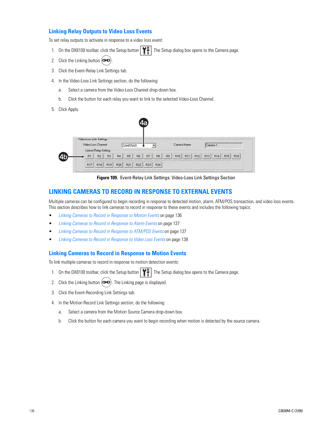 Pelco dx8100 manual Linking Cameras to Record in Response to External Events, Linking Relay Outputs to Video Loss Events 