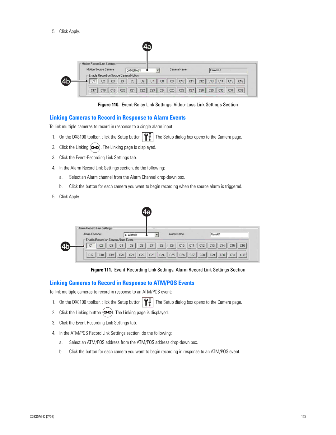 Pelco dx8100 manual Linking Cameras to Record in Response to Alarm Events 
