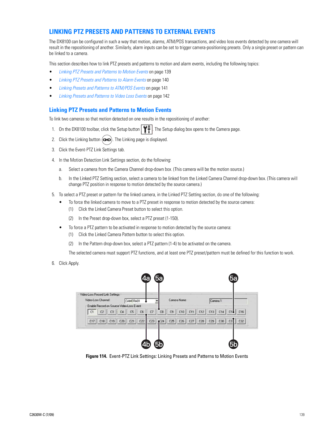 Pelco dx8100 manual Linking PTZ Presets and Patterns to External Events, Linking PTZ Presets and Patterns to Motion Events 