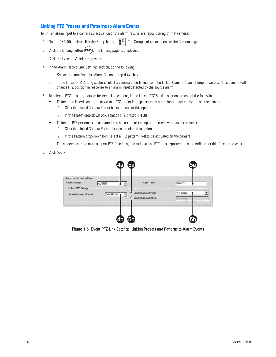 Pelco dx8100 manual 4a 5a, Linking PTZ Presets and Patterns to Alarm Events 