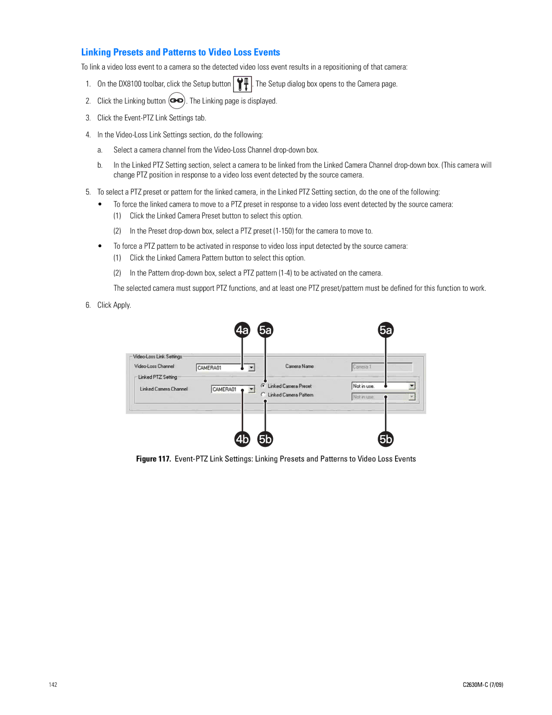 Pelco dx8100 manual Linking Presets and Patterns to Video Loss Events 