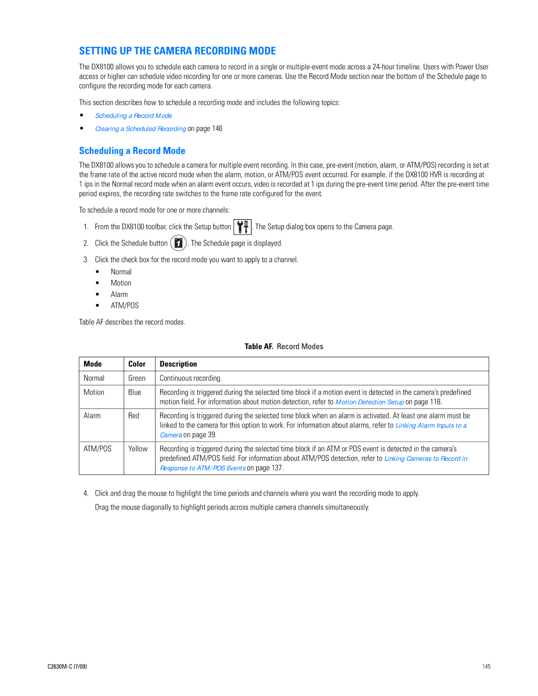 Pelco dx8100 manual Setting UP the Camera Recording Mode, Scheduling a Record Mode, Mode Color Description 