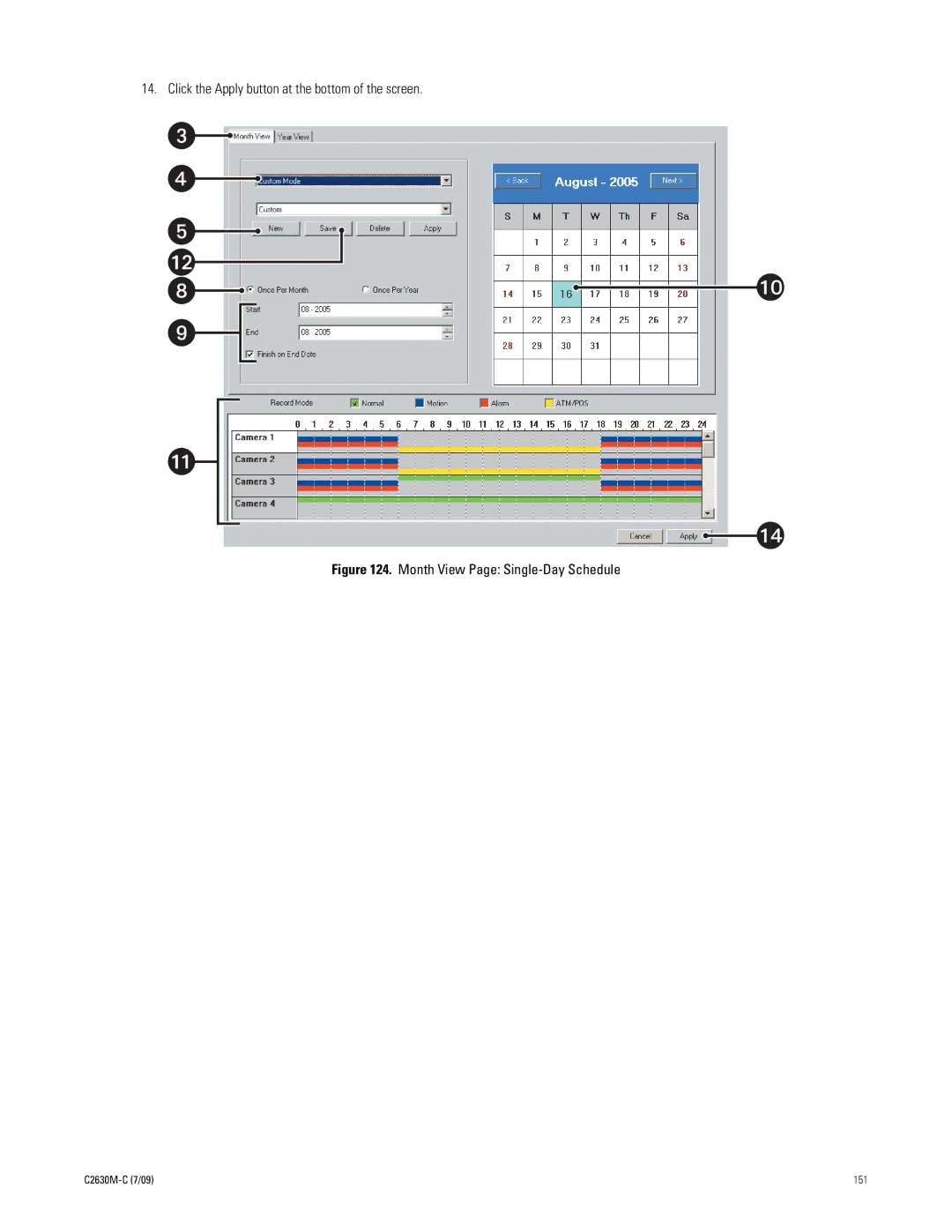 Pelco dx8100 manual Click the Apply button at the bottom of the screen, Month View Page Single-Day Schedule 