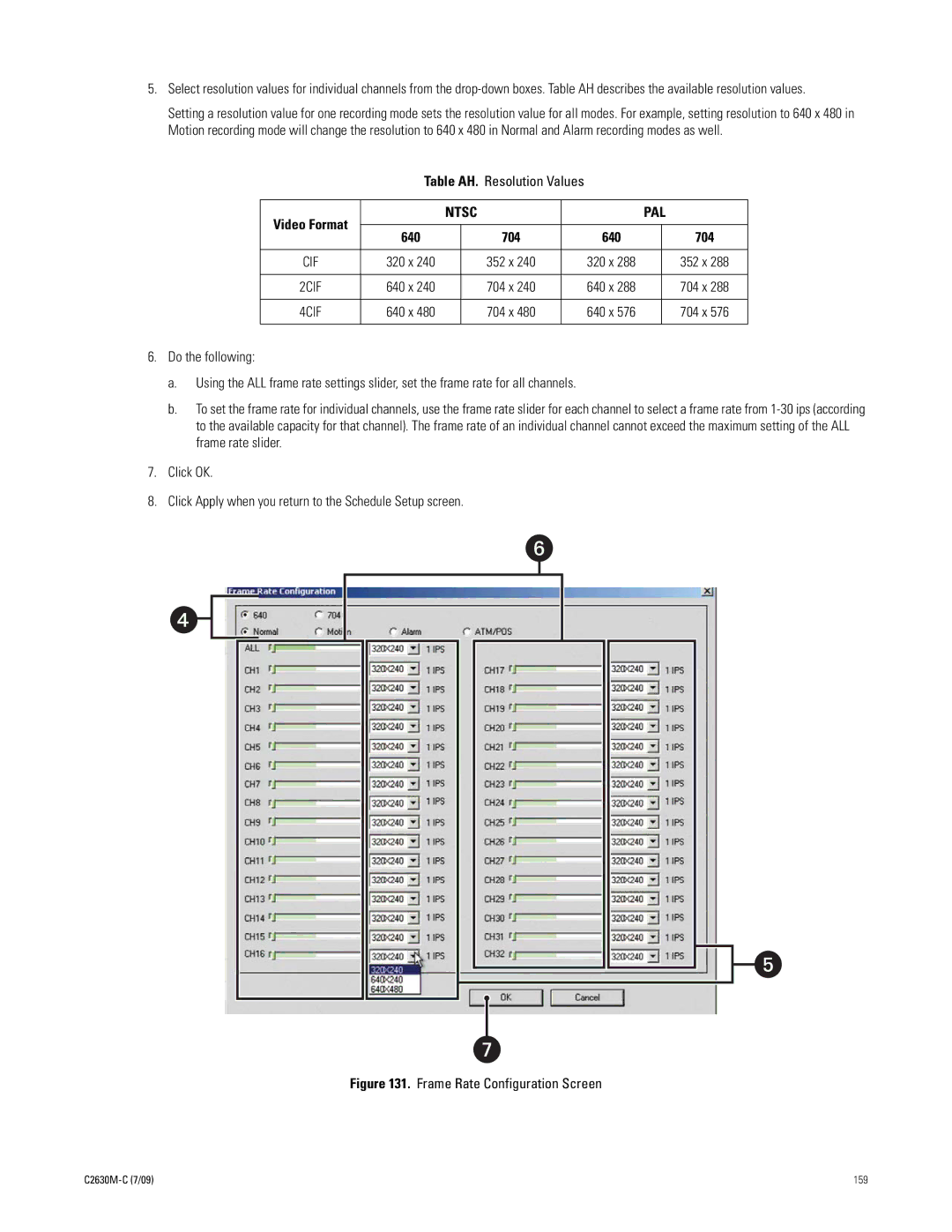 Pelco dx8100 manual Table AH. Resolution Values, Frame Rate Configuration Screen 